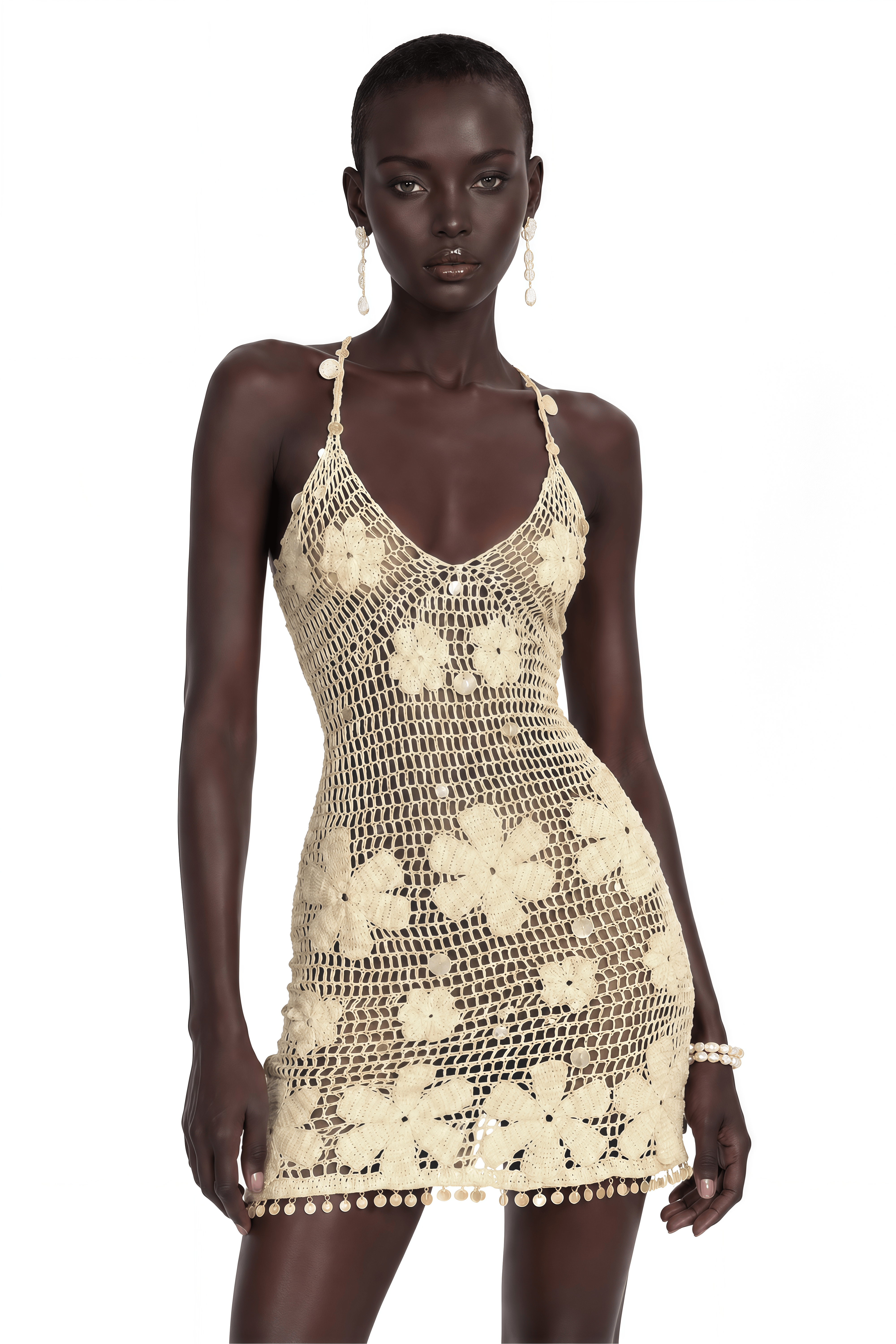 Euphrasie Neutral Crochet Mini Dress