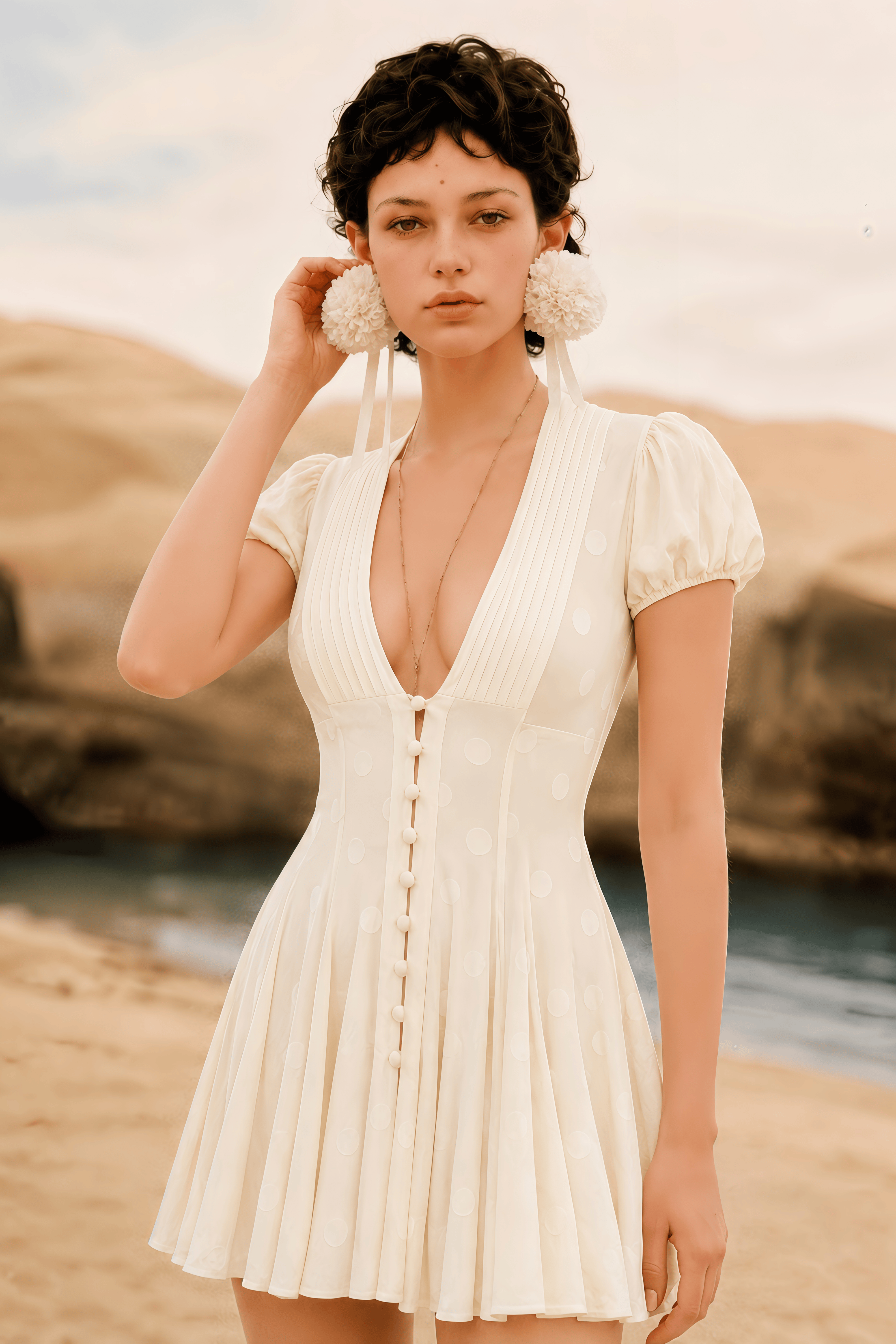 Eva Neutrals V-Neck Pleated Button Down Mini Dress