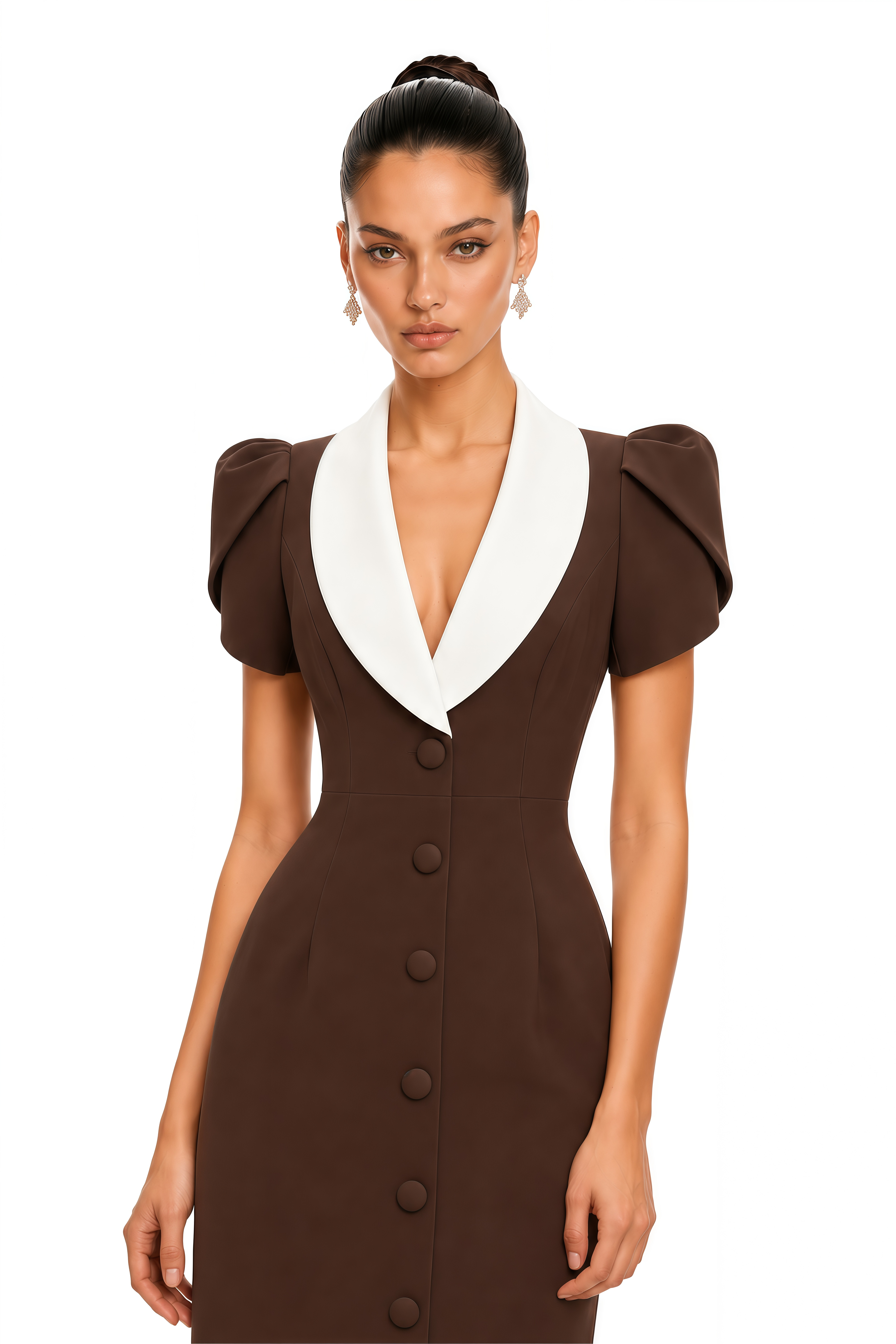 Evadne Chocolate Brown Contrast Collar Midi Dress