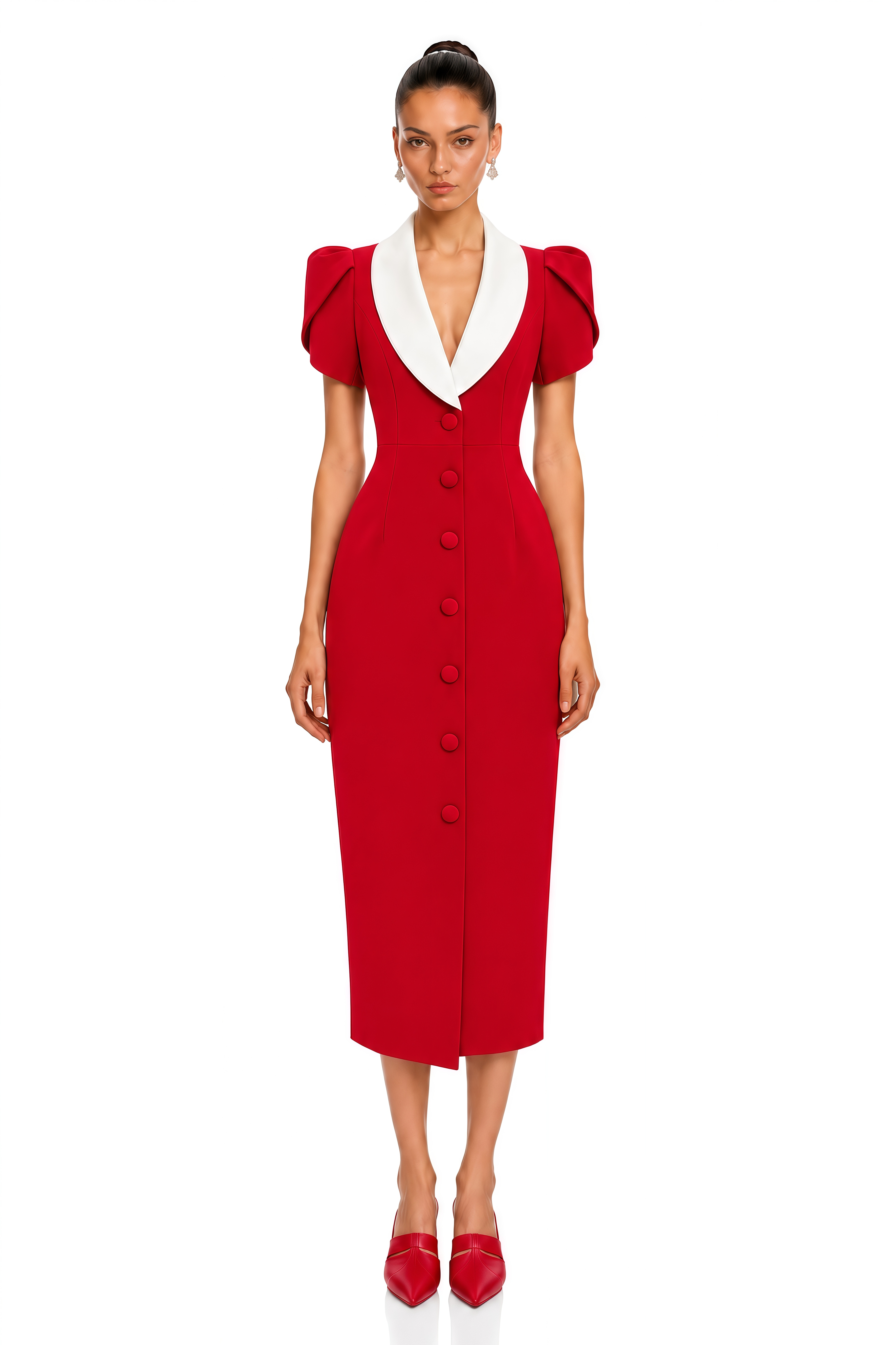 Evadne Red Contrast Collar Puff Sleeve Midi Dress