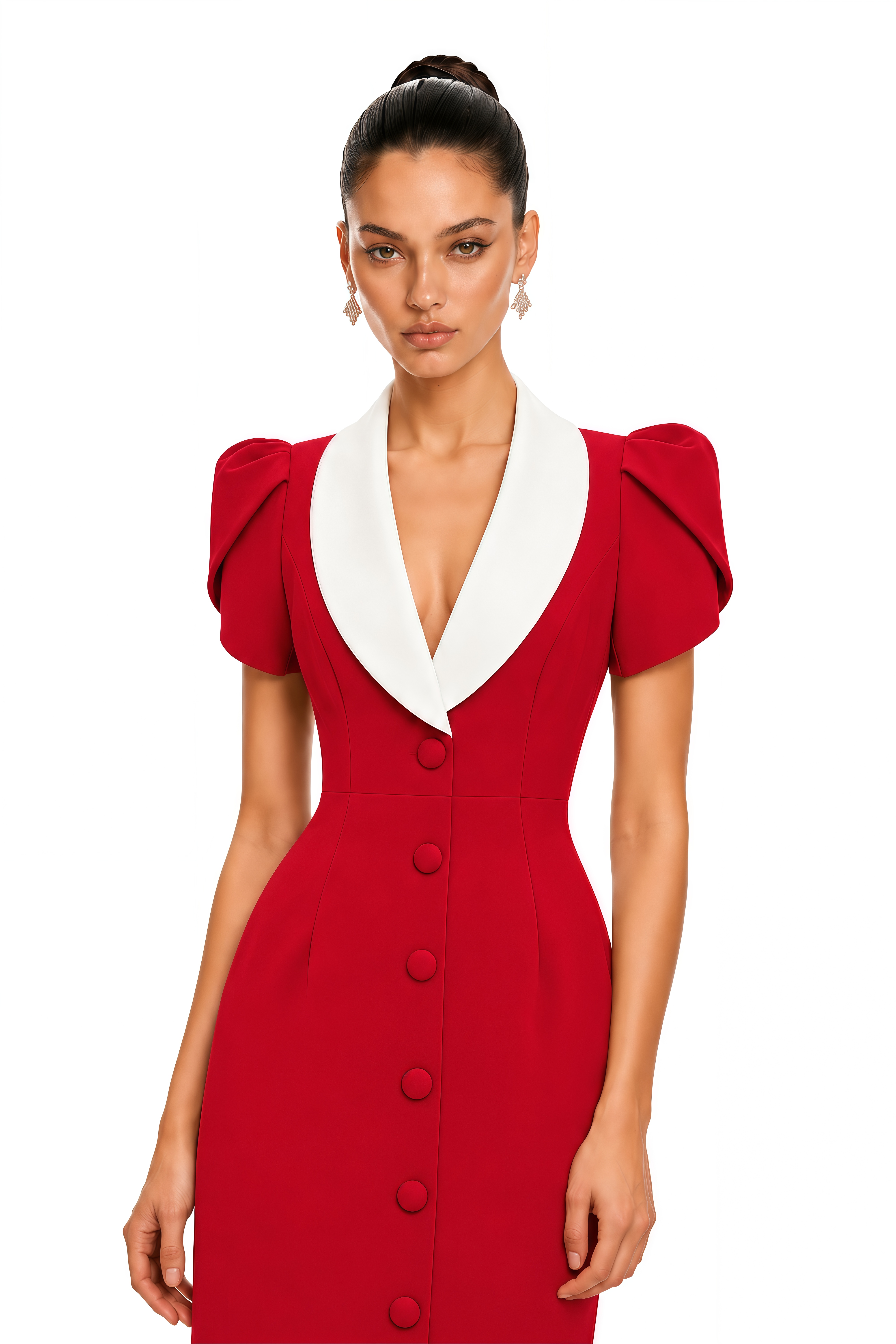 Evadne Red Contrast Collar Puff Sleeve Midi Dress