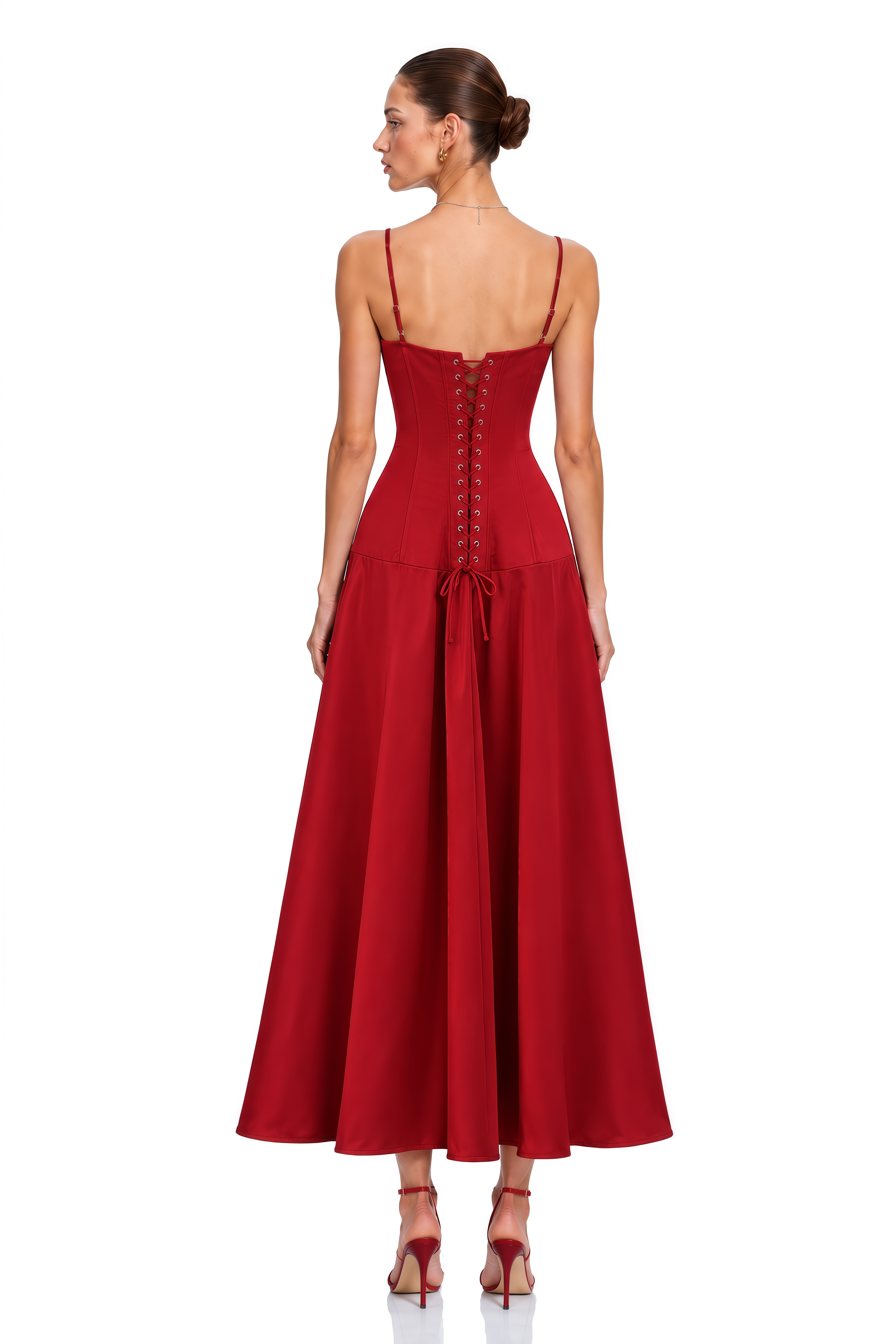 Evadne Red Satin Corset High-Low Maxi Dress