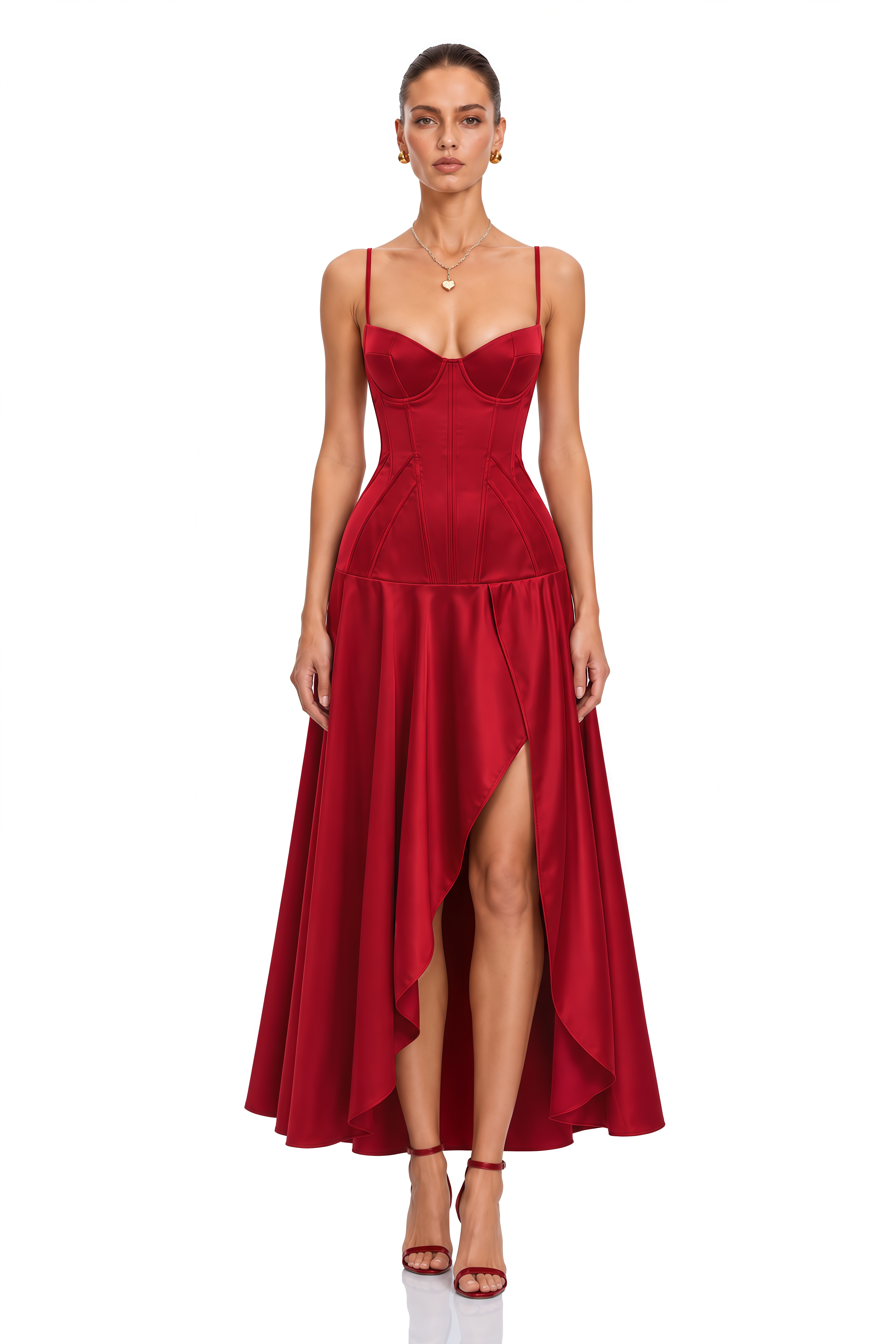 Evadne Red Satin Corset High-Low Maxi Dress