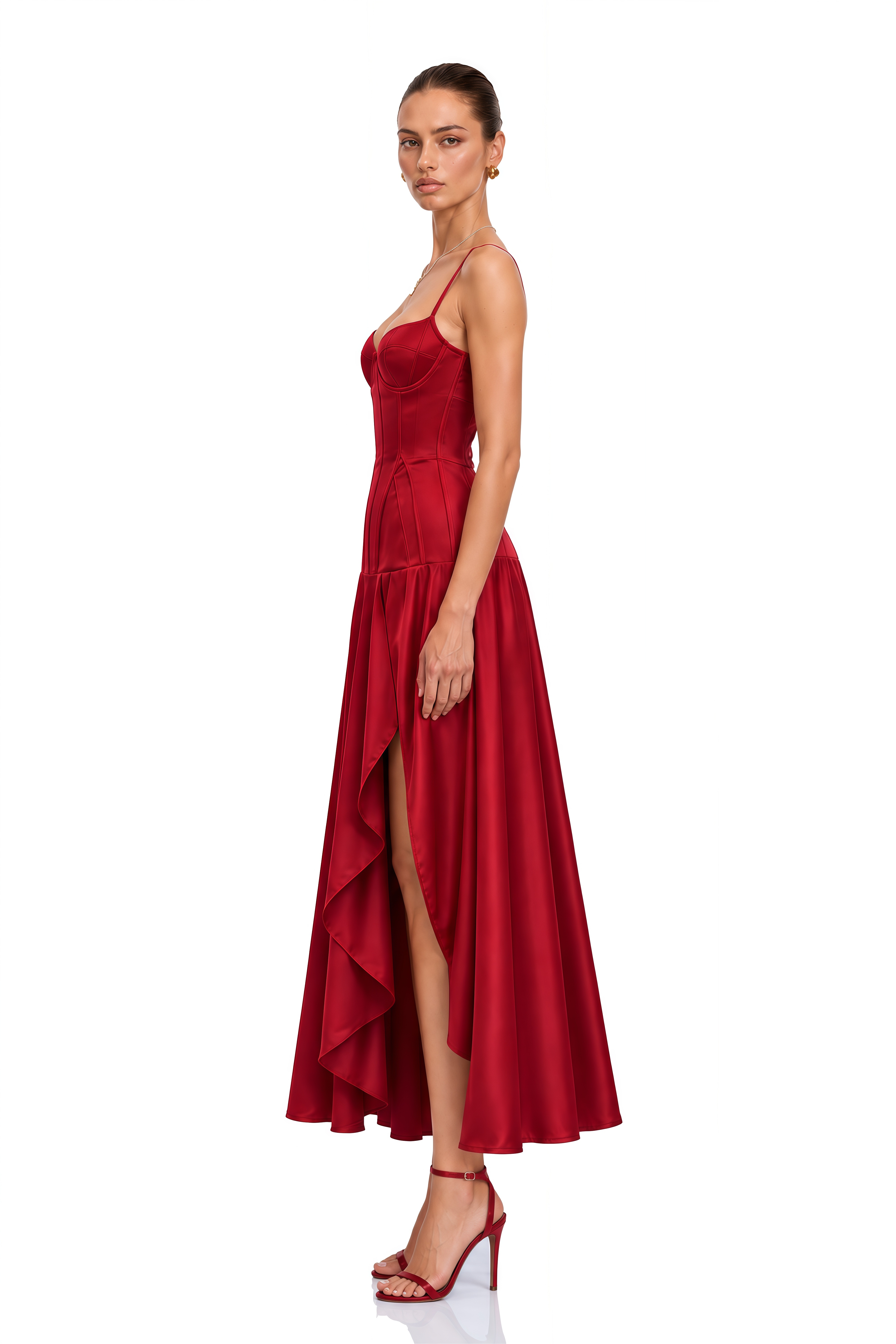 Evadne Red Satin Corset High-Low Maxi Dress