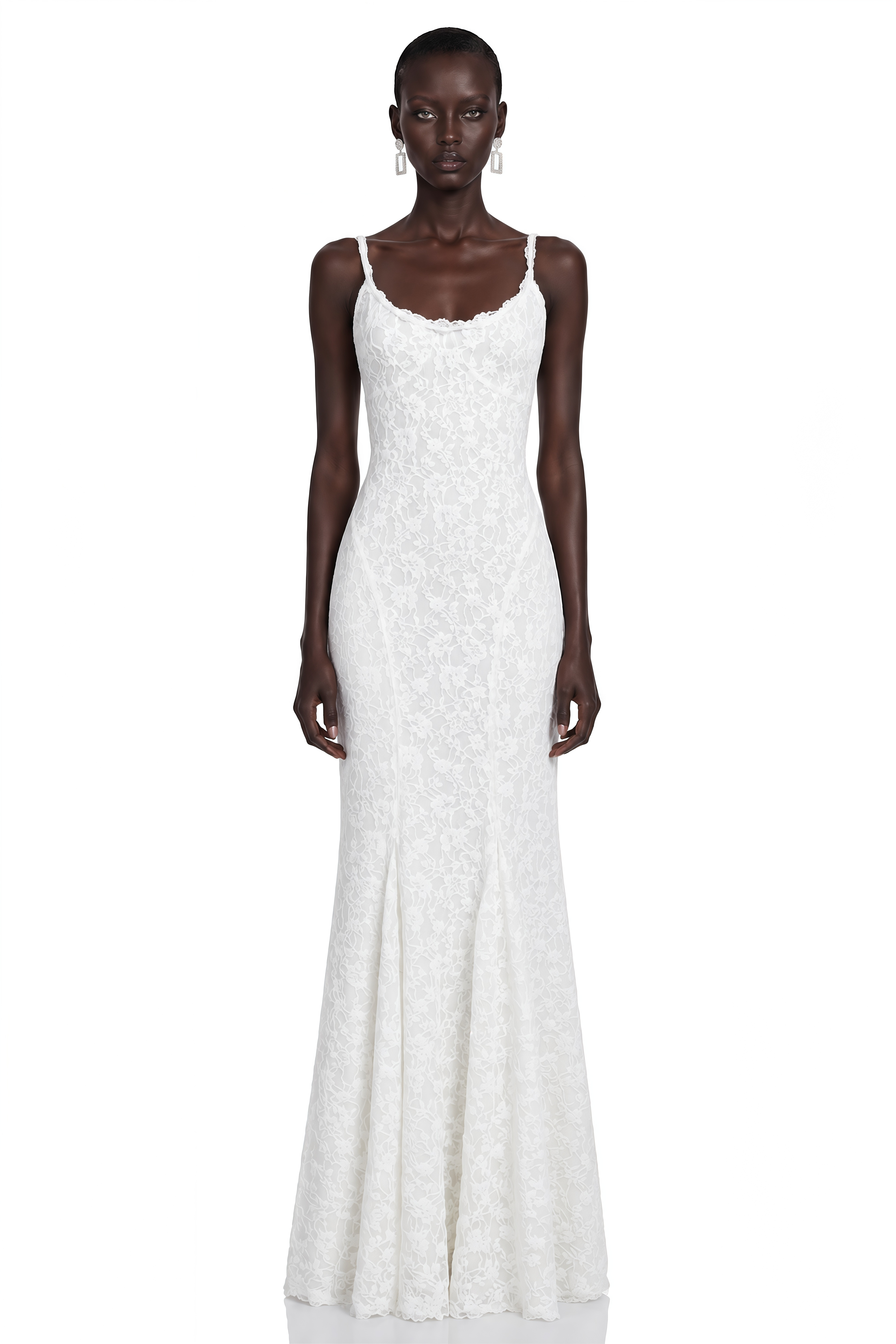 Evadora White Lace Spaghetti Straps Maxi Dress