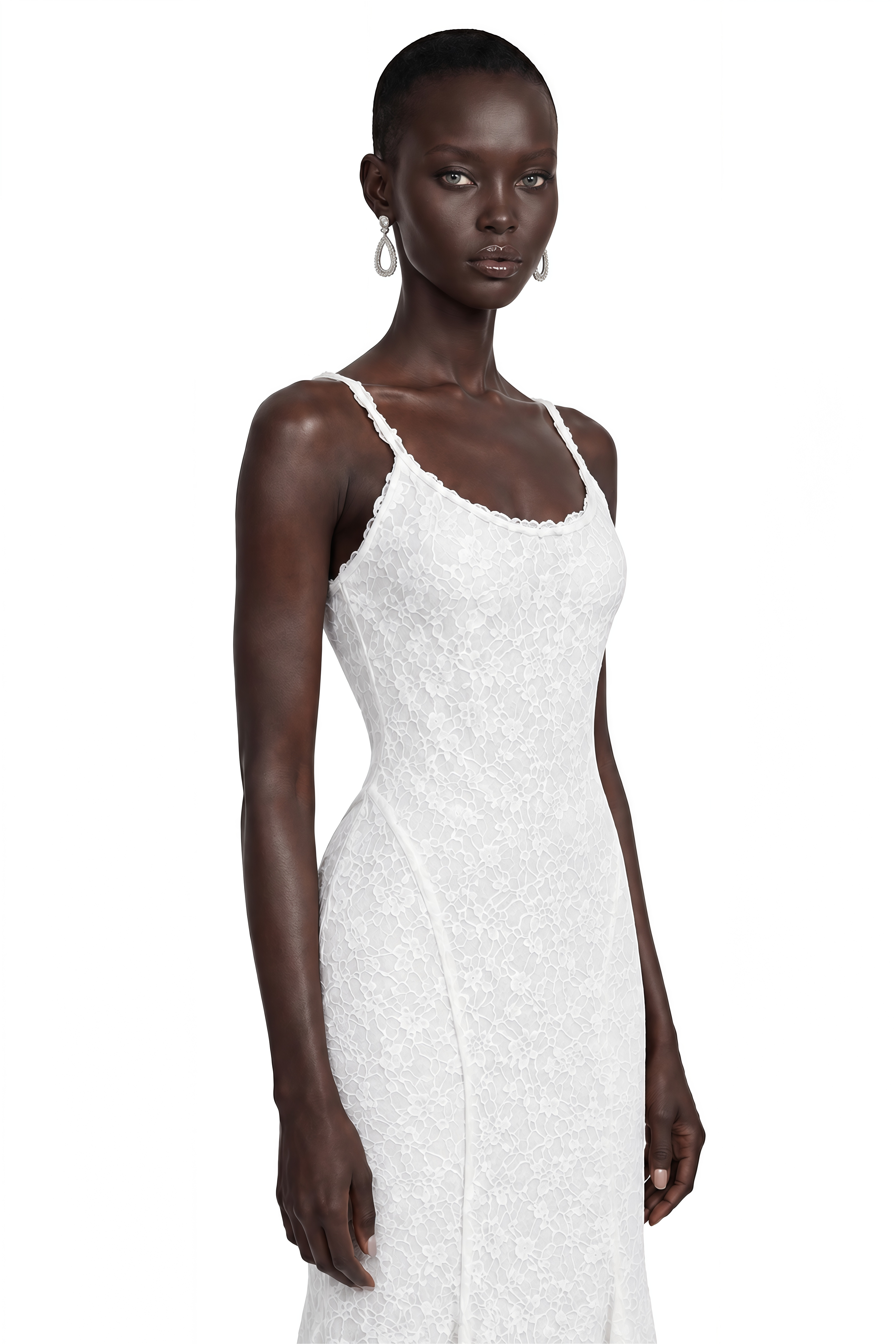 Evadora White Lace Spaghetti Straps Maxi Dress