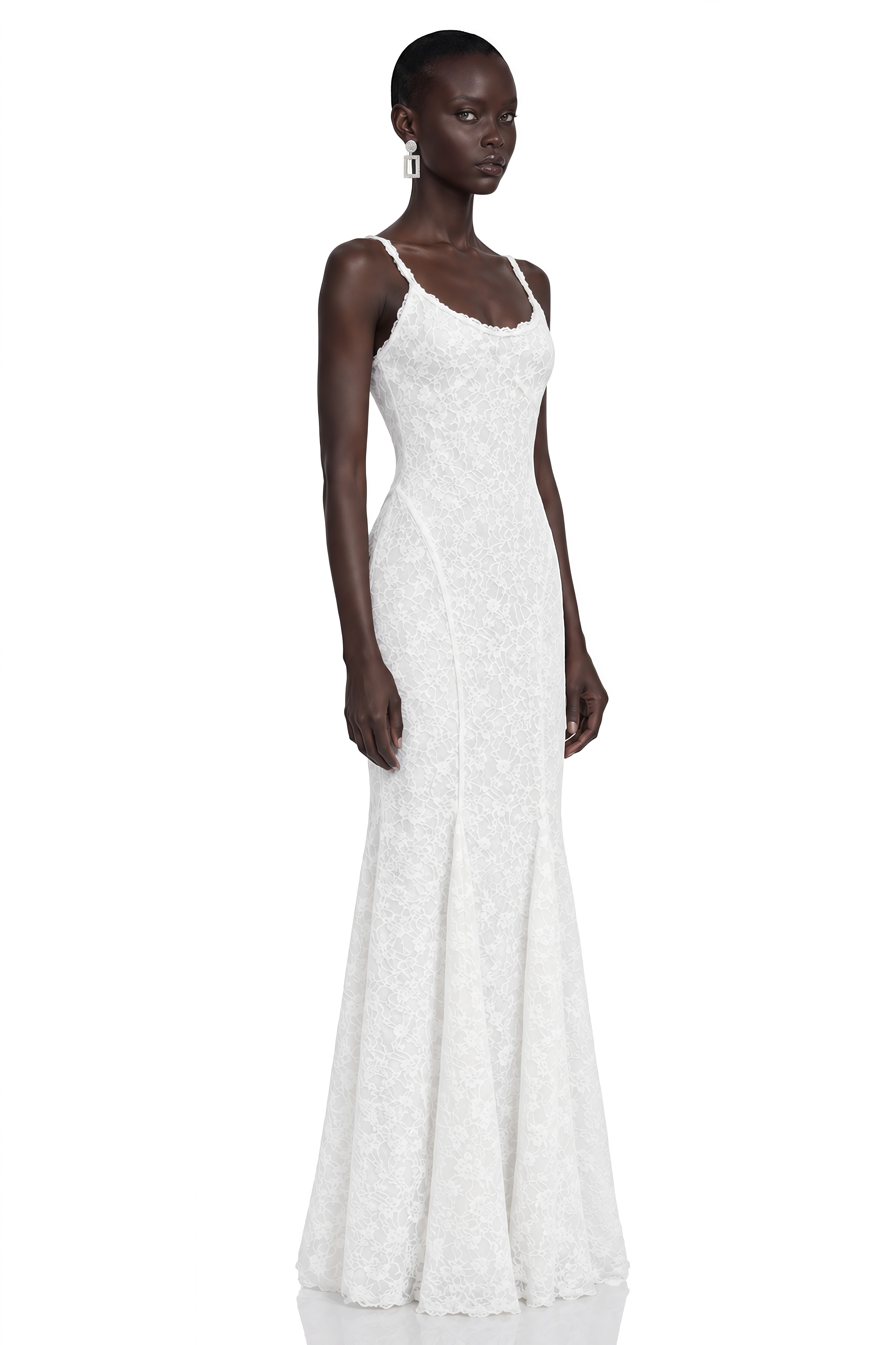Evadora White Lace Spaghetti Straps Maxi Dress