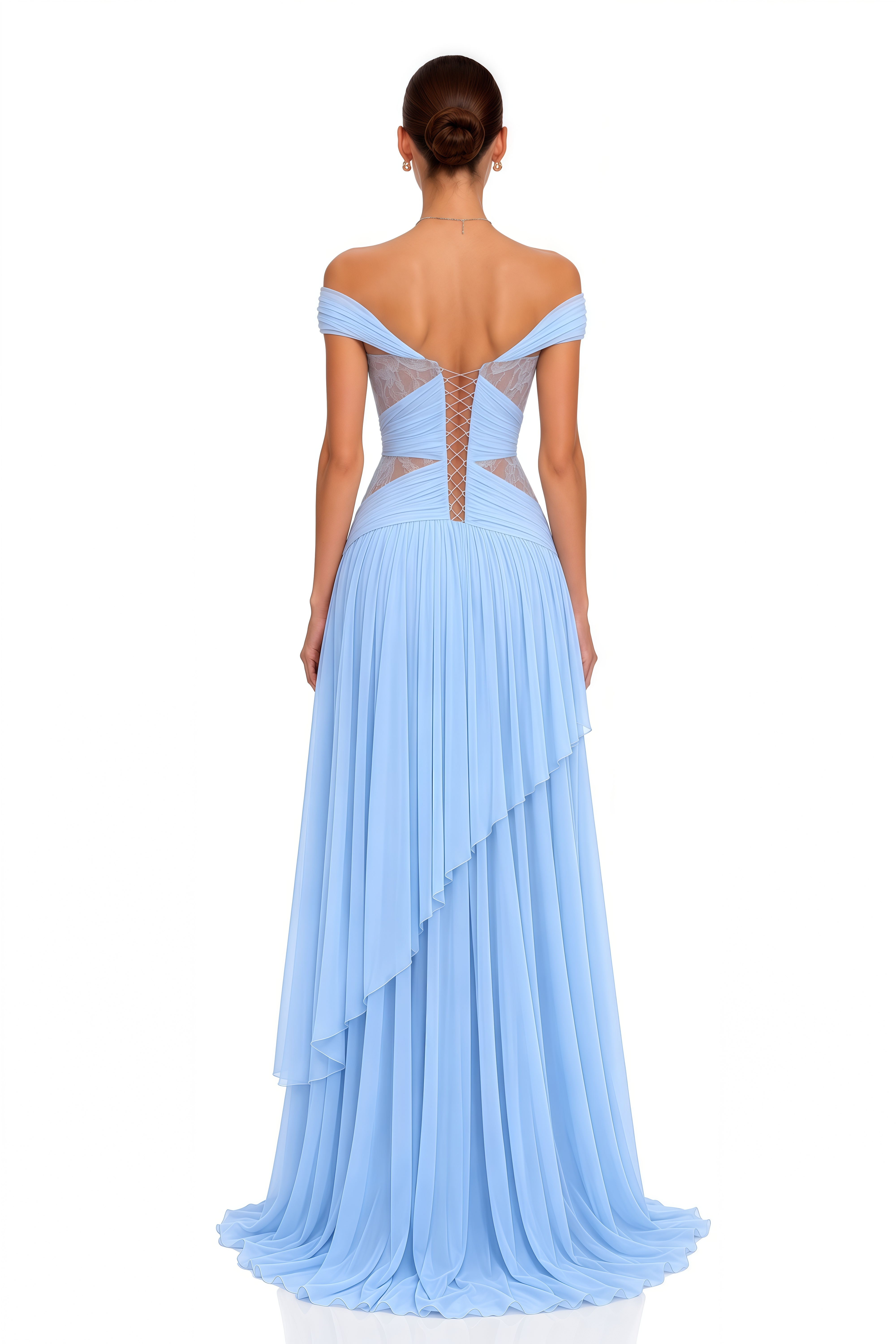 Evangeline Blue Lace Off-Shoulder Ruffled Maxi Dress