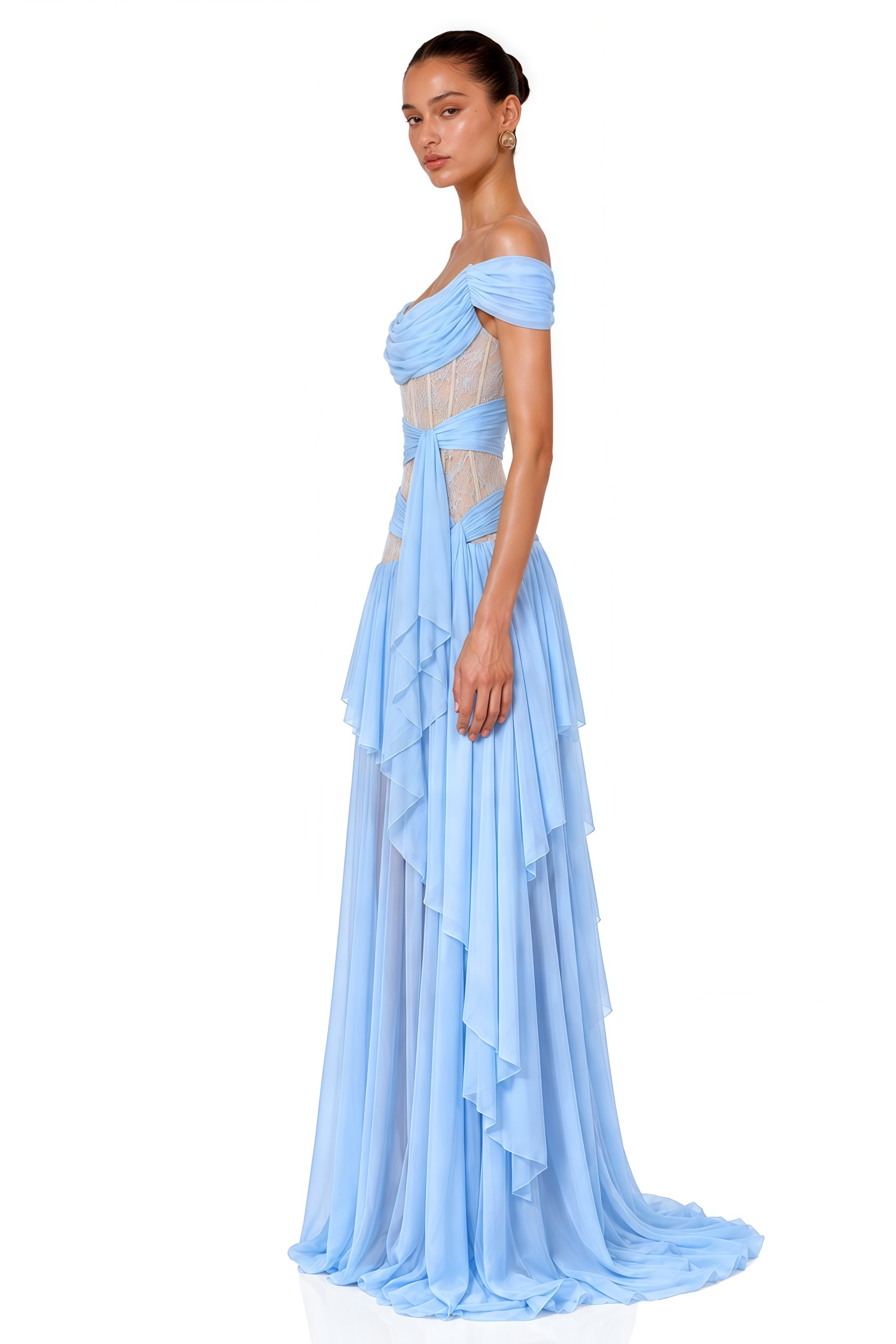 Evangeline Blue Lace Off-Shoulder Ruffled Maxi Dress
