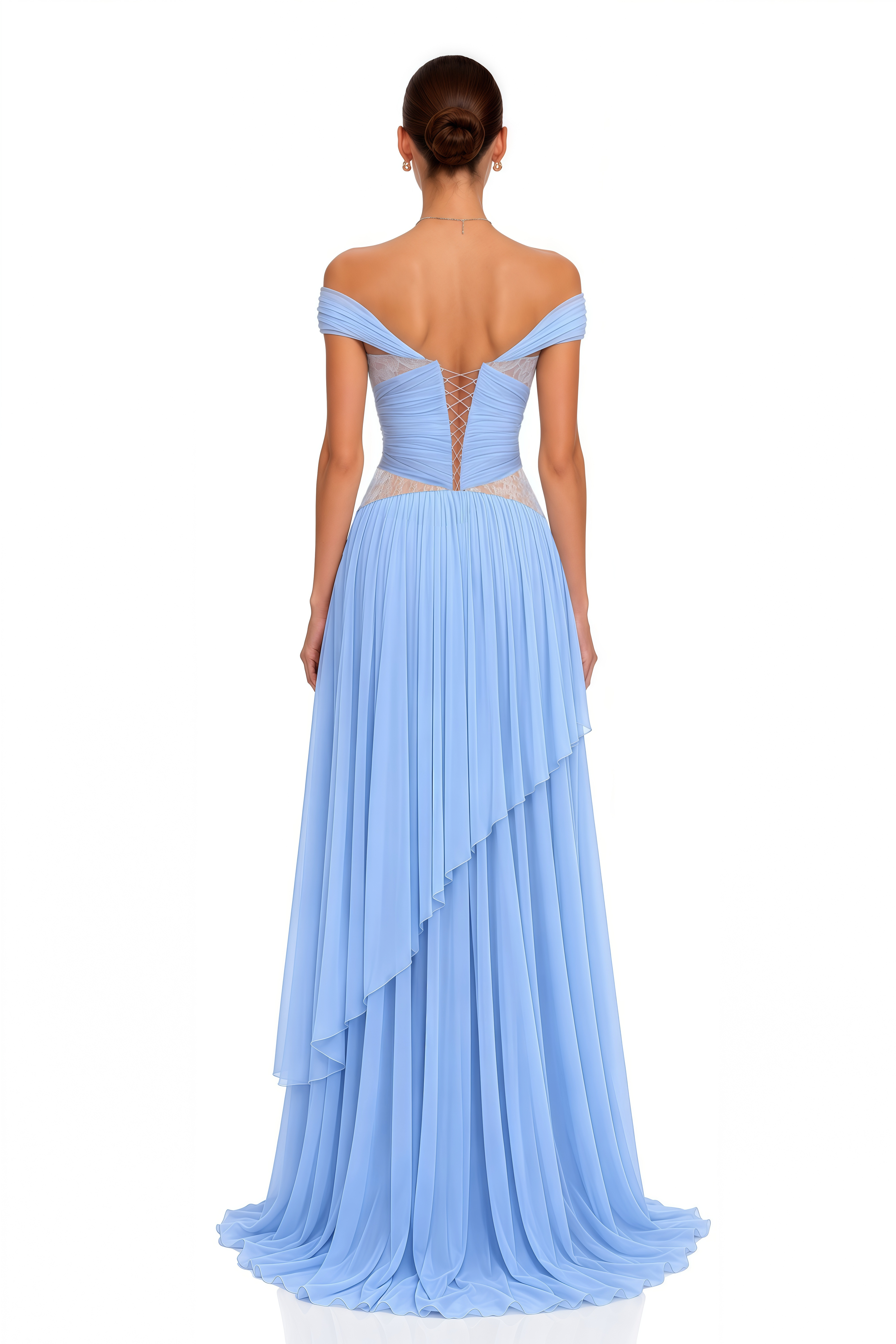 Evangeline Blue Lace Off-Shoulder Ruffled Maxi Dress