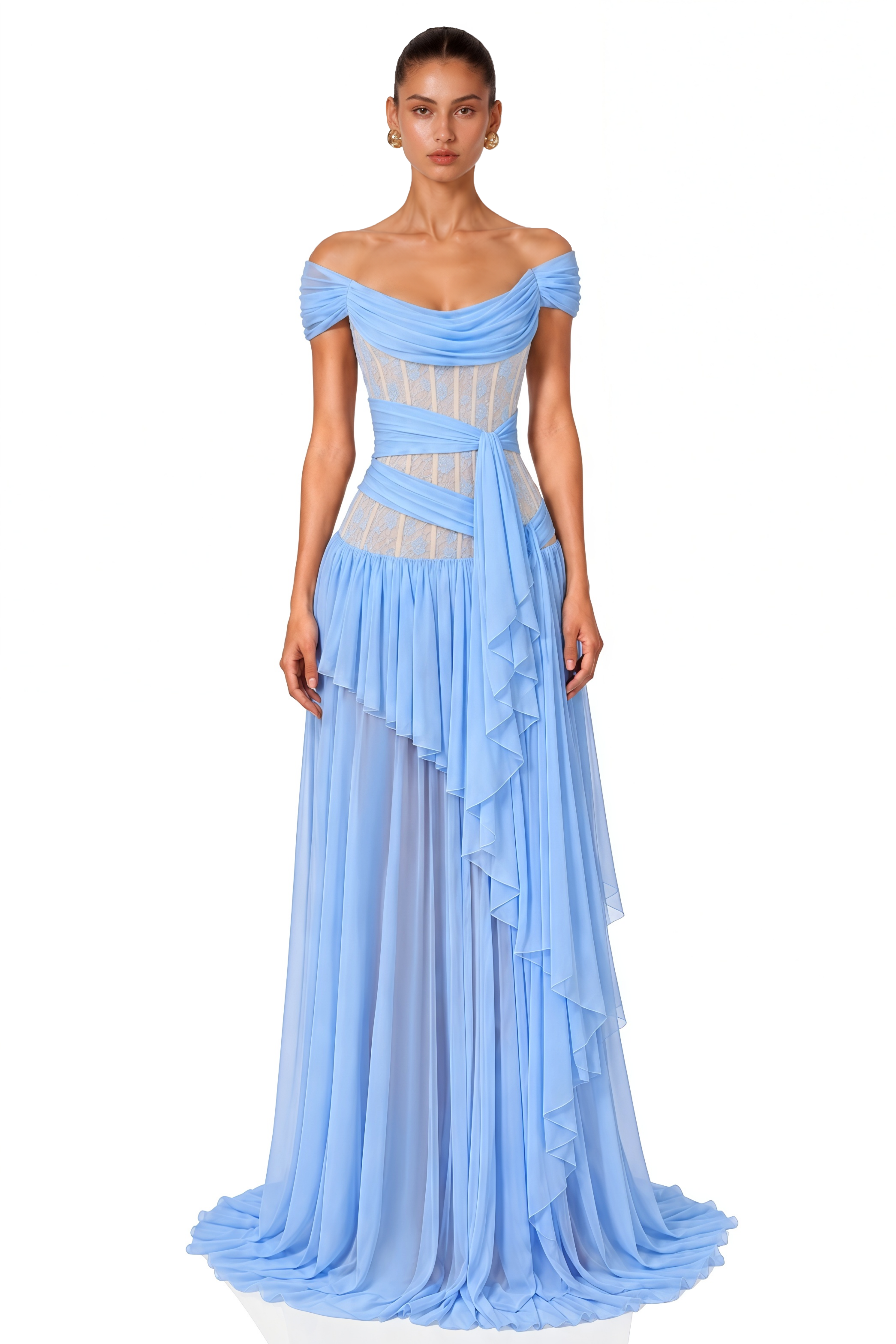 Evangeline Blue Lace Off-Shoulder Ruffled Maxi Dress