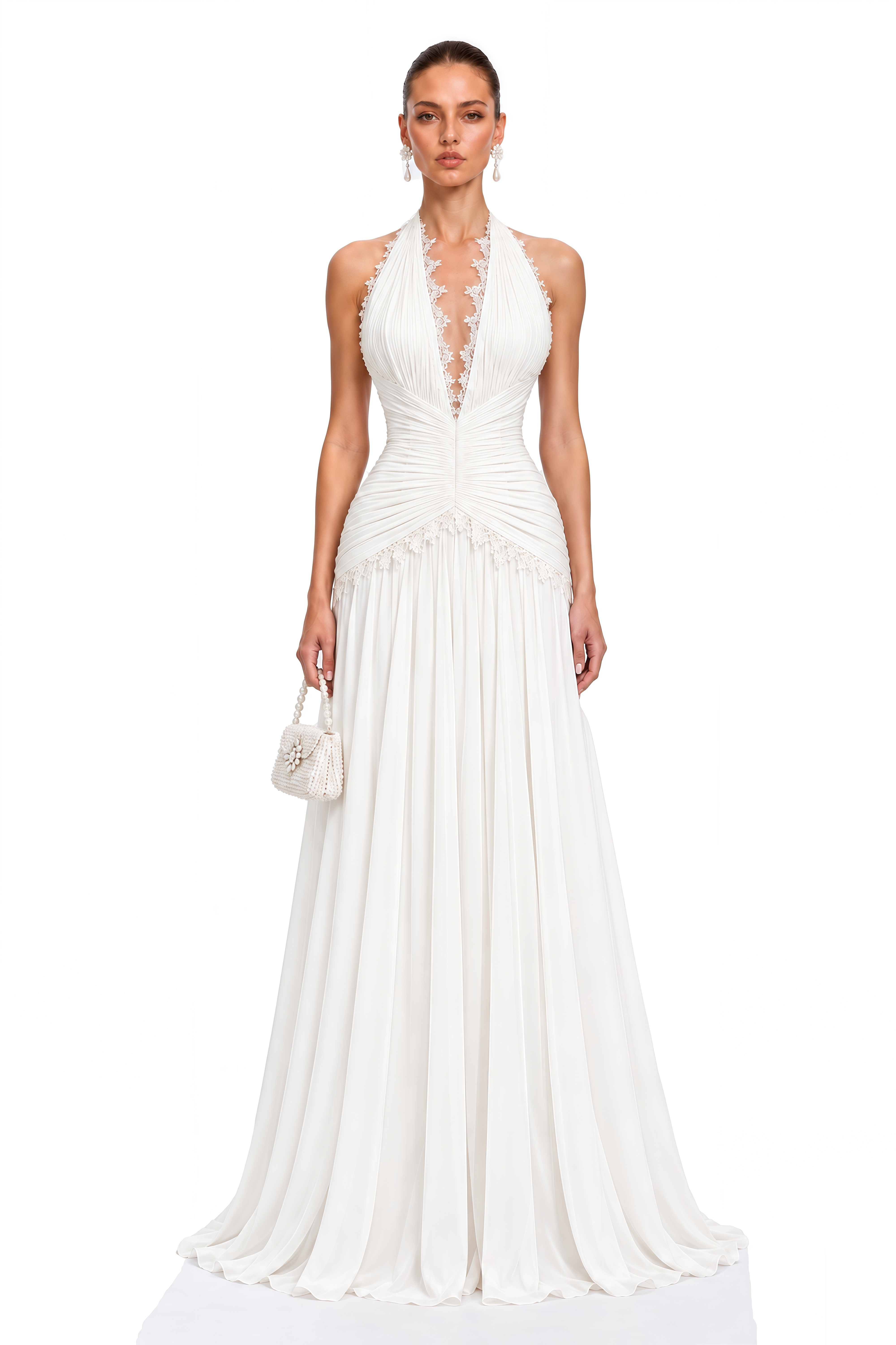 Evangeline White Plunging Halterneck Ruched Maxi Dress