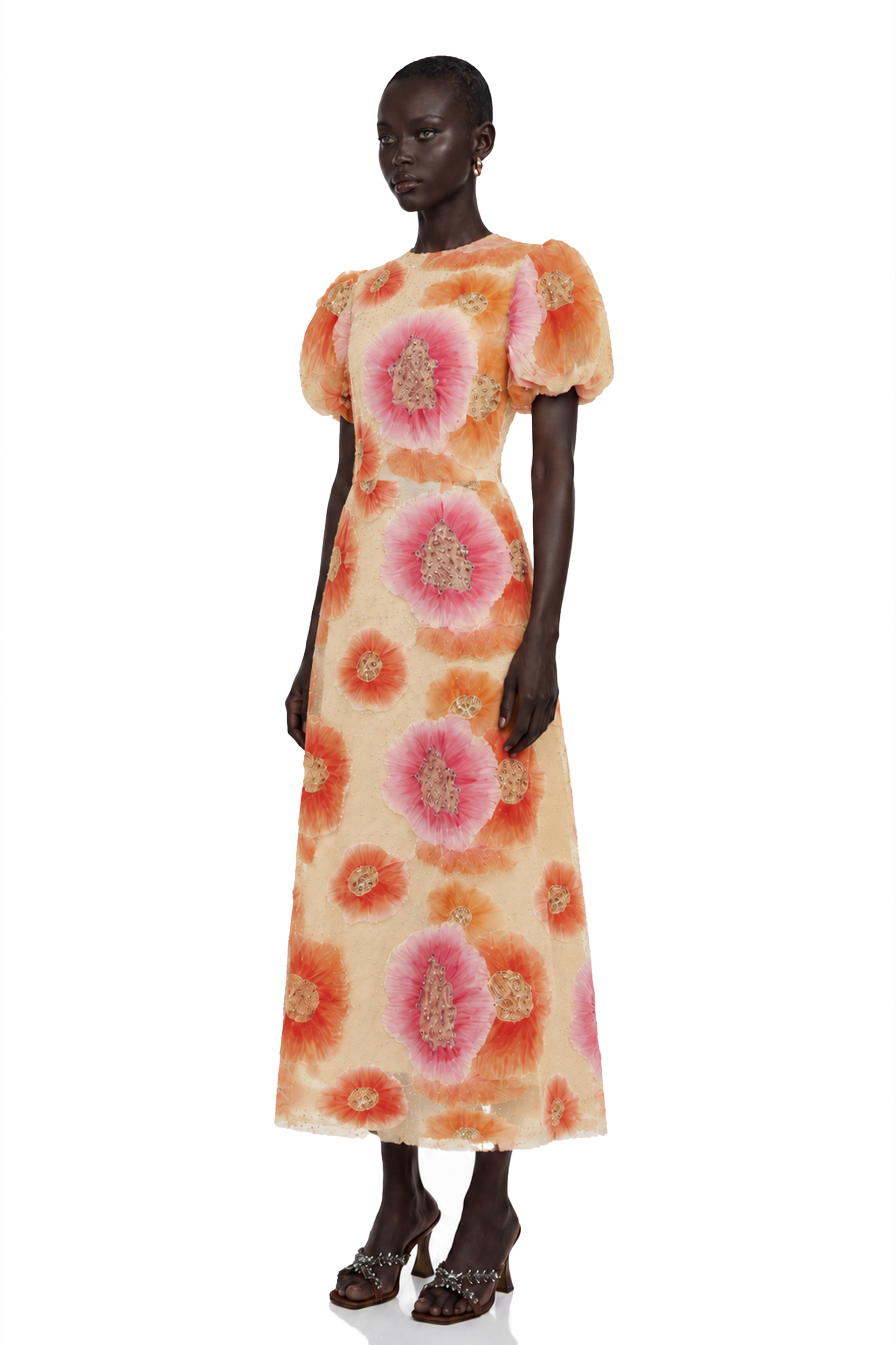 Beige puff-sleeve midi dress with large pink and orange floral prints