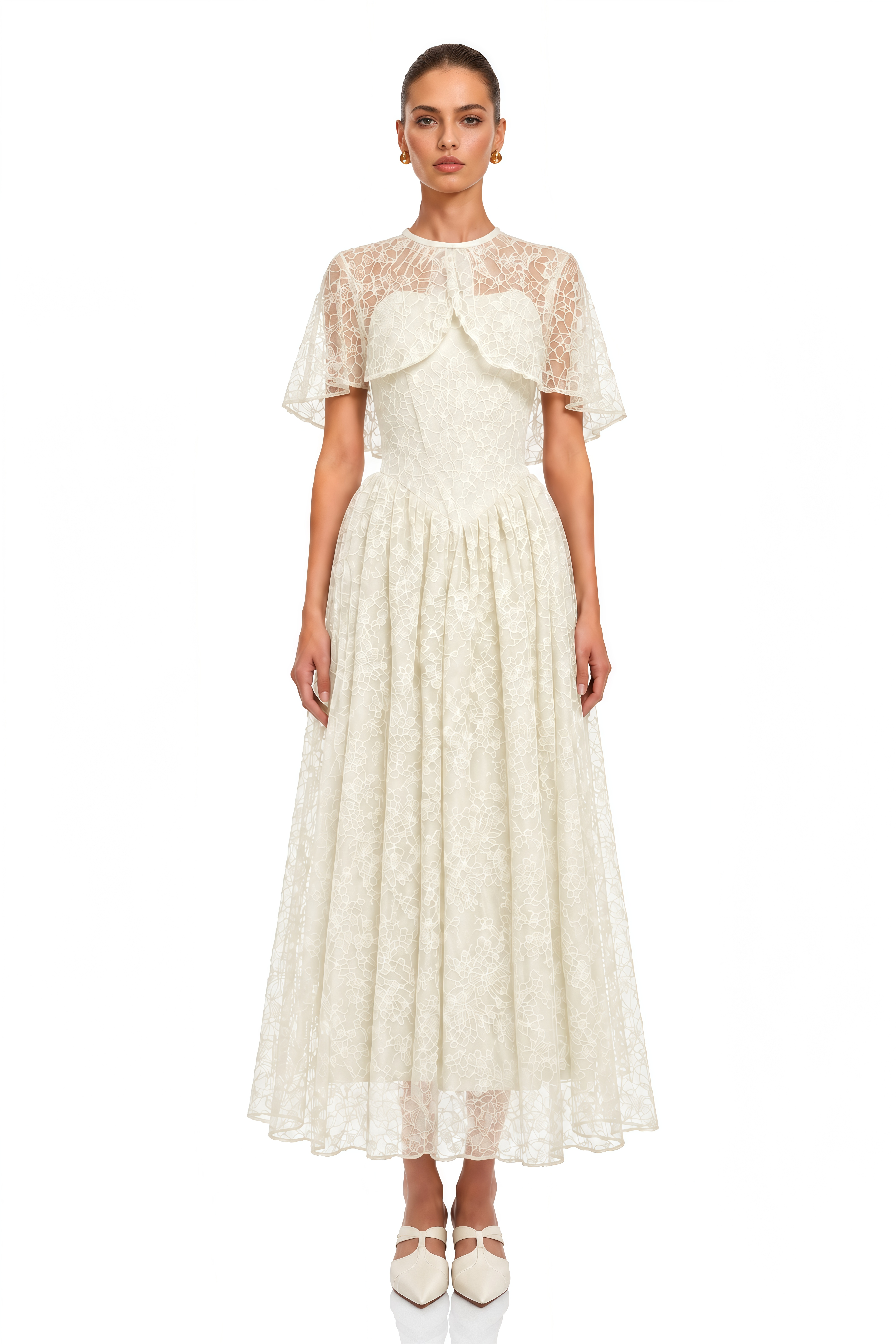 Evania Ivory Lace Cape & Midi Dress Set