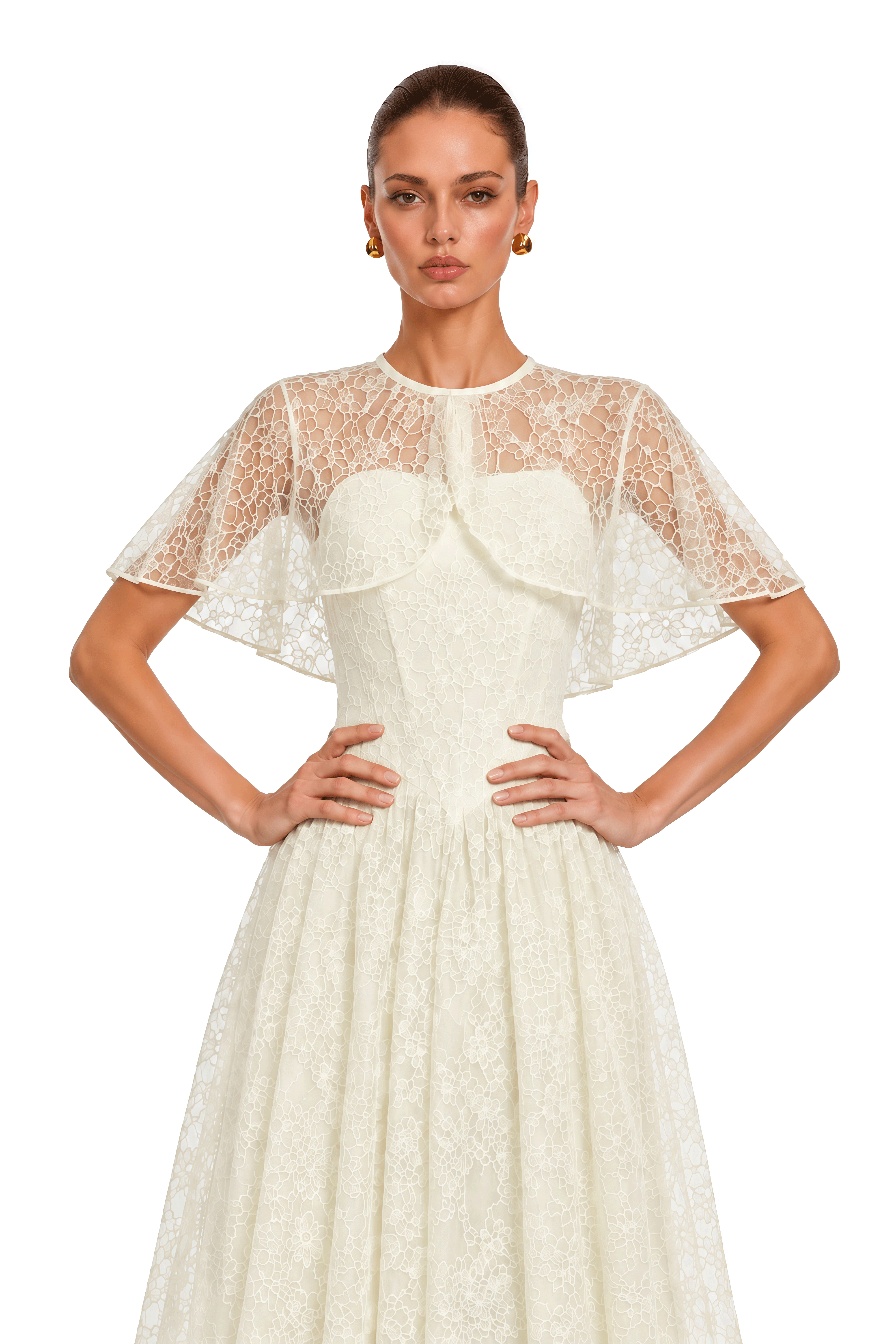 Evania Ivory Lace Cape & Midi Dress Set