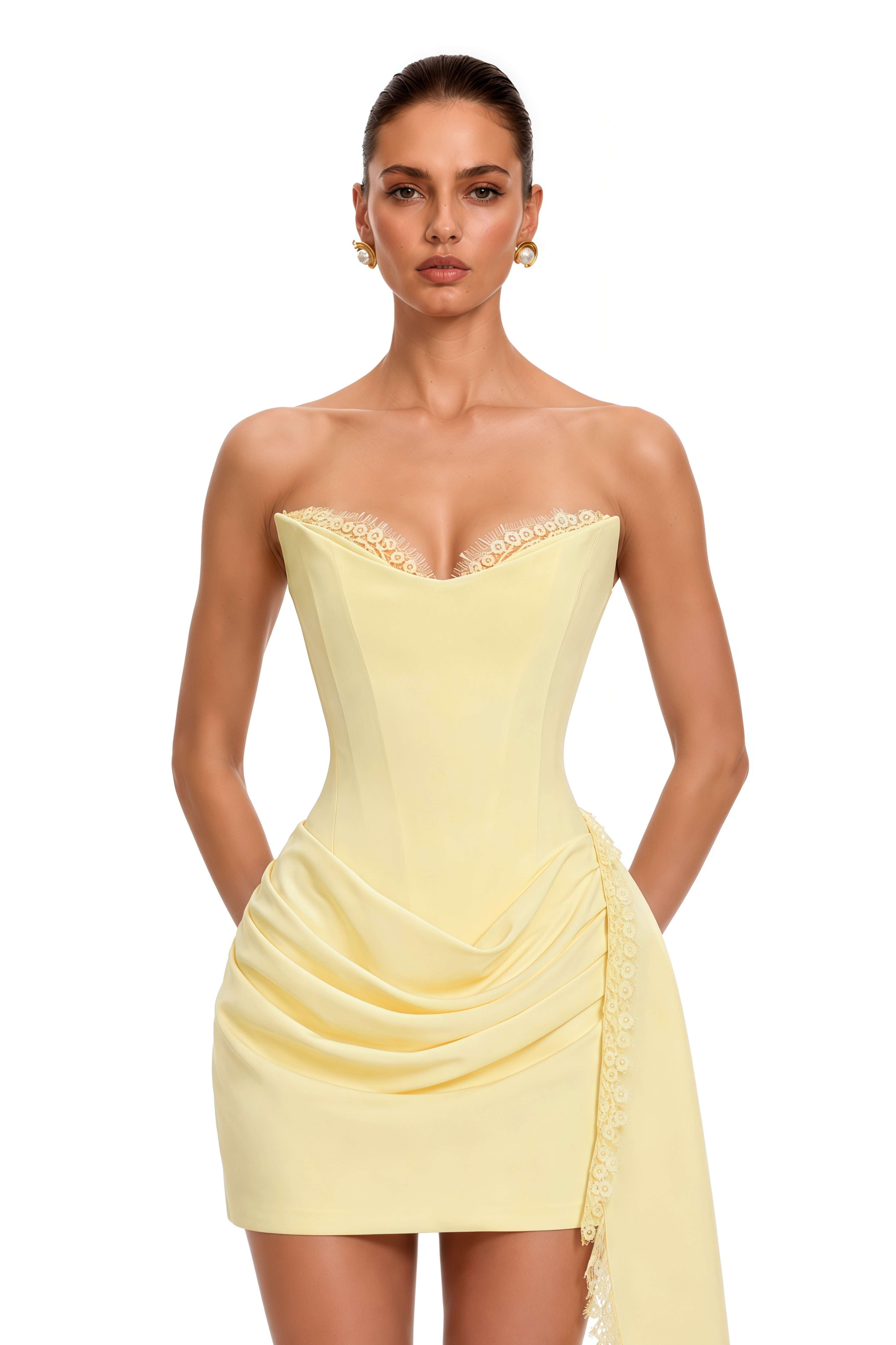 Evelina Yellow Strapless Lace Trim Mini Dress