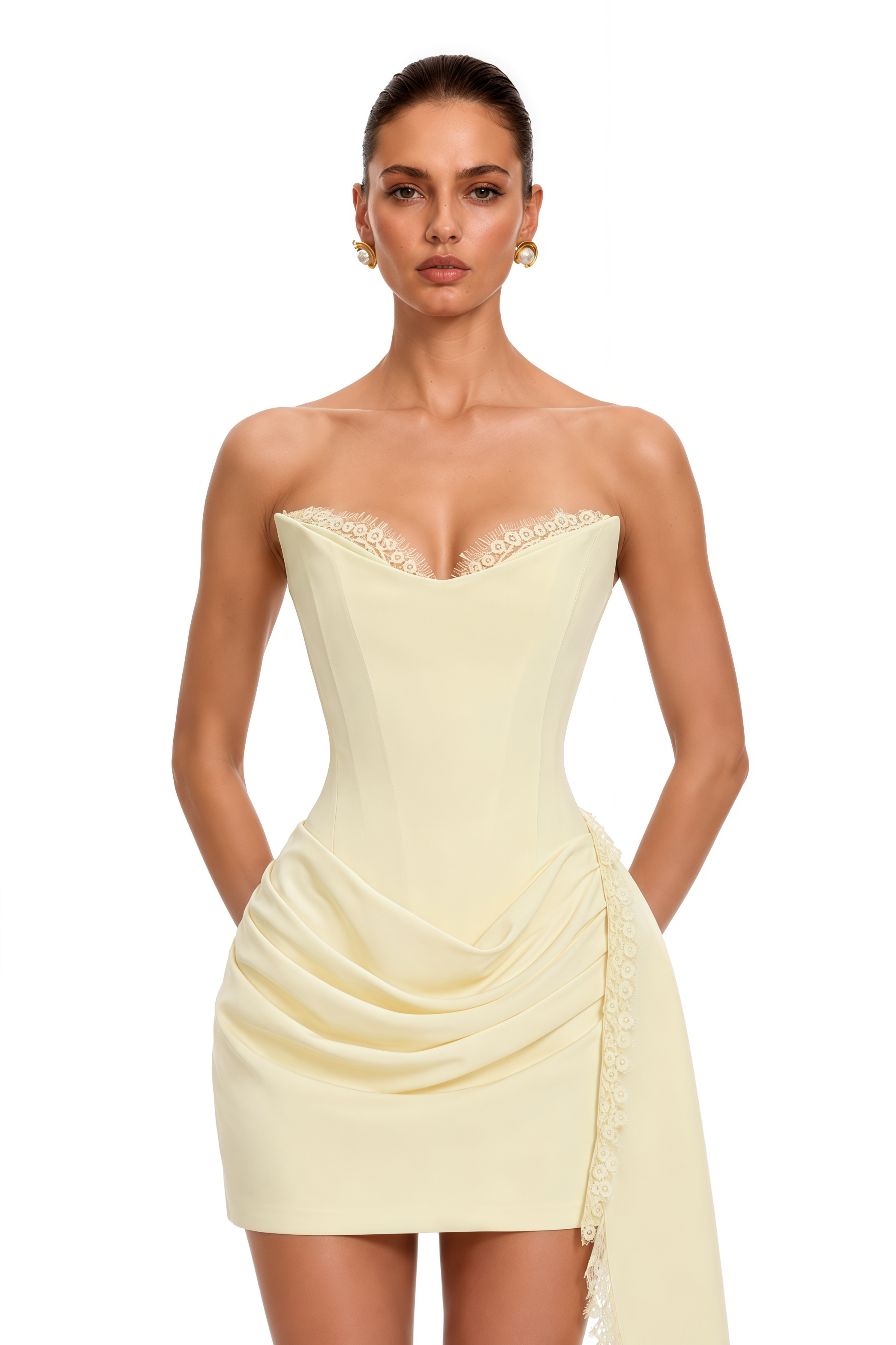 Evelina Yellow Strapless Lace Trim Mini Dress