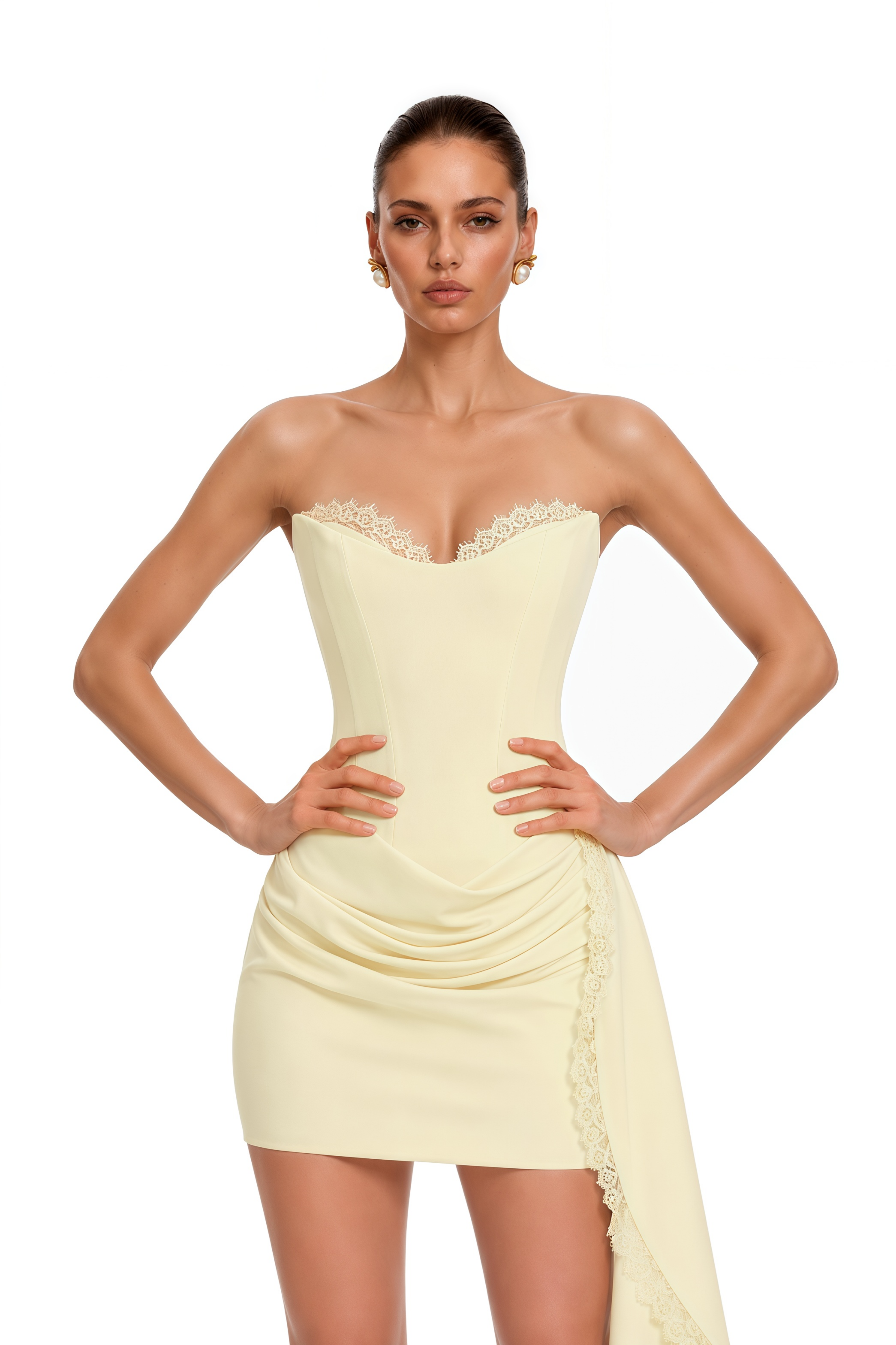 Evelina Yellow Strapless Lace Trim Mini Dress
