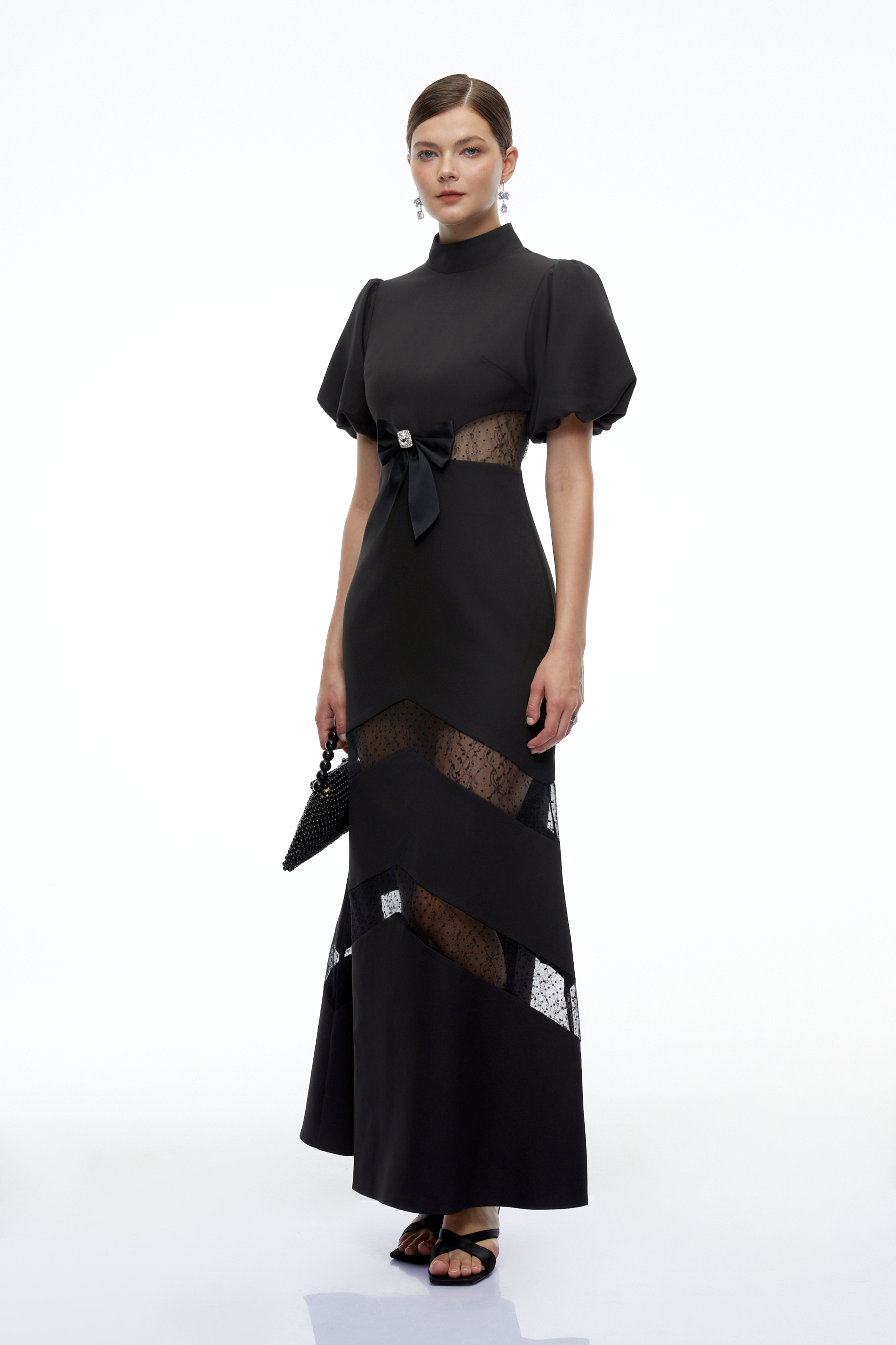 Evelisse Black High Neck Lace-Panelled Bow Maxi Dress