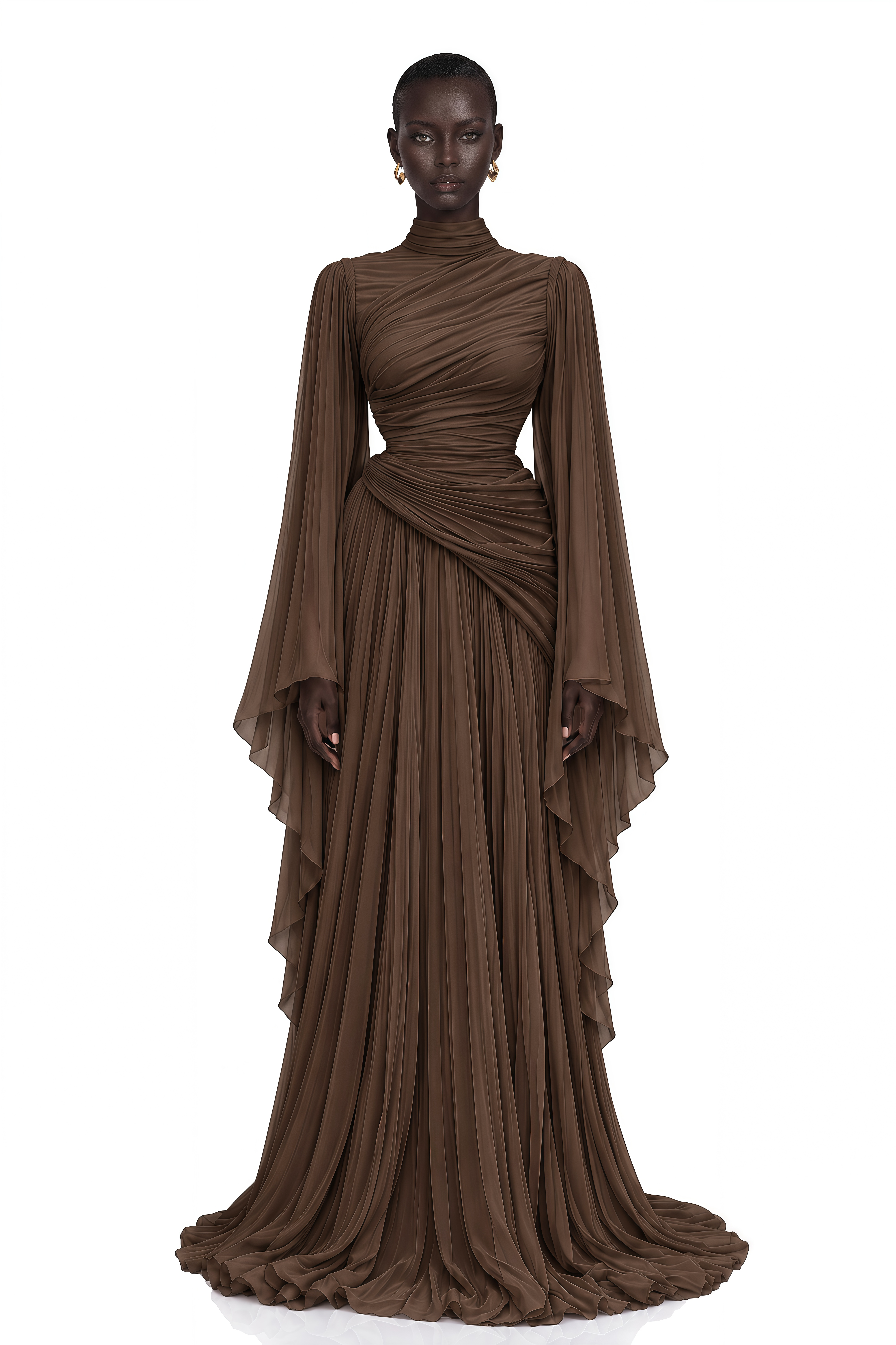 Evelisse Brown Draped Bell Sleeve Maxi Dress