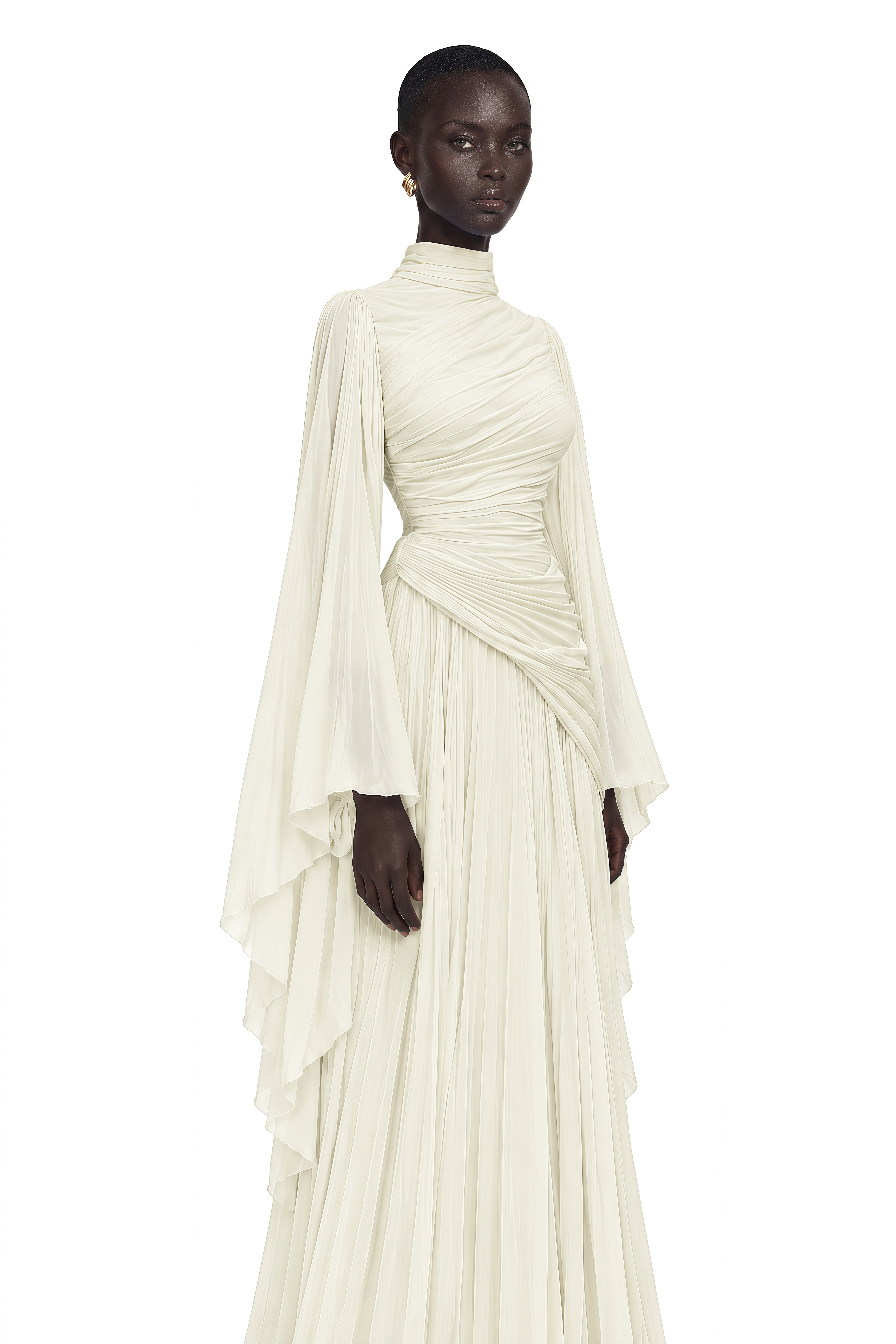 Evelisse Ivory Draped Bell Sleeve Maxi Dress