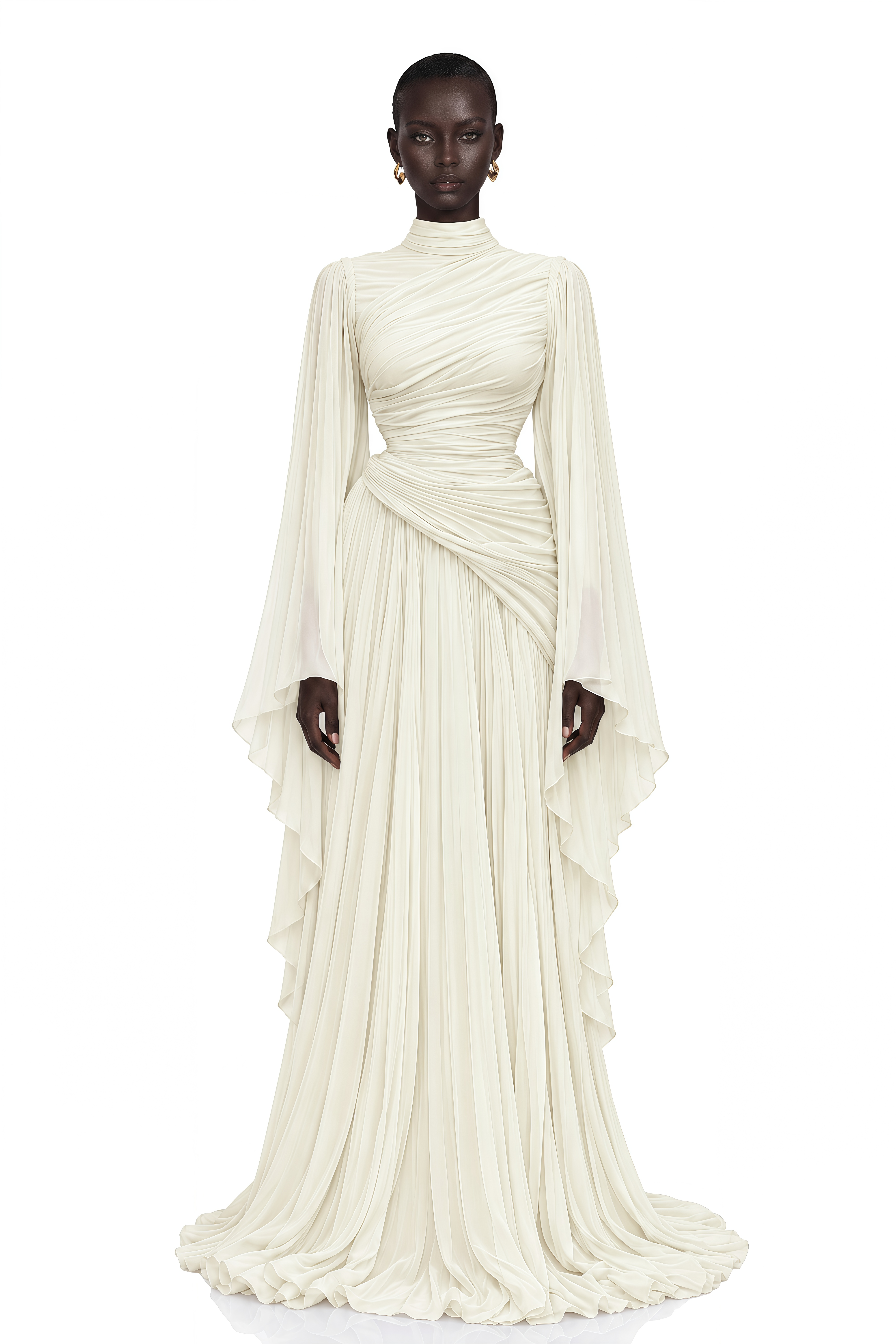 Evelisse Ivory Draped Bell Sleeve Maxi Dress