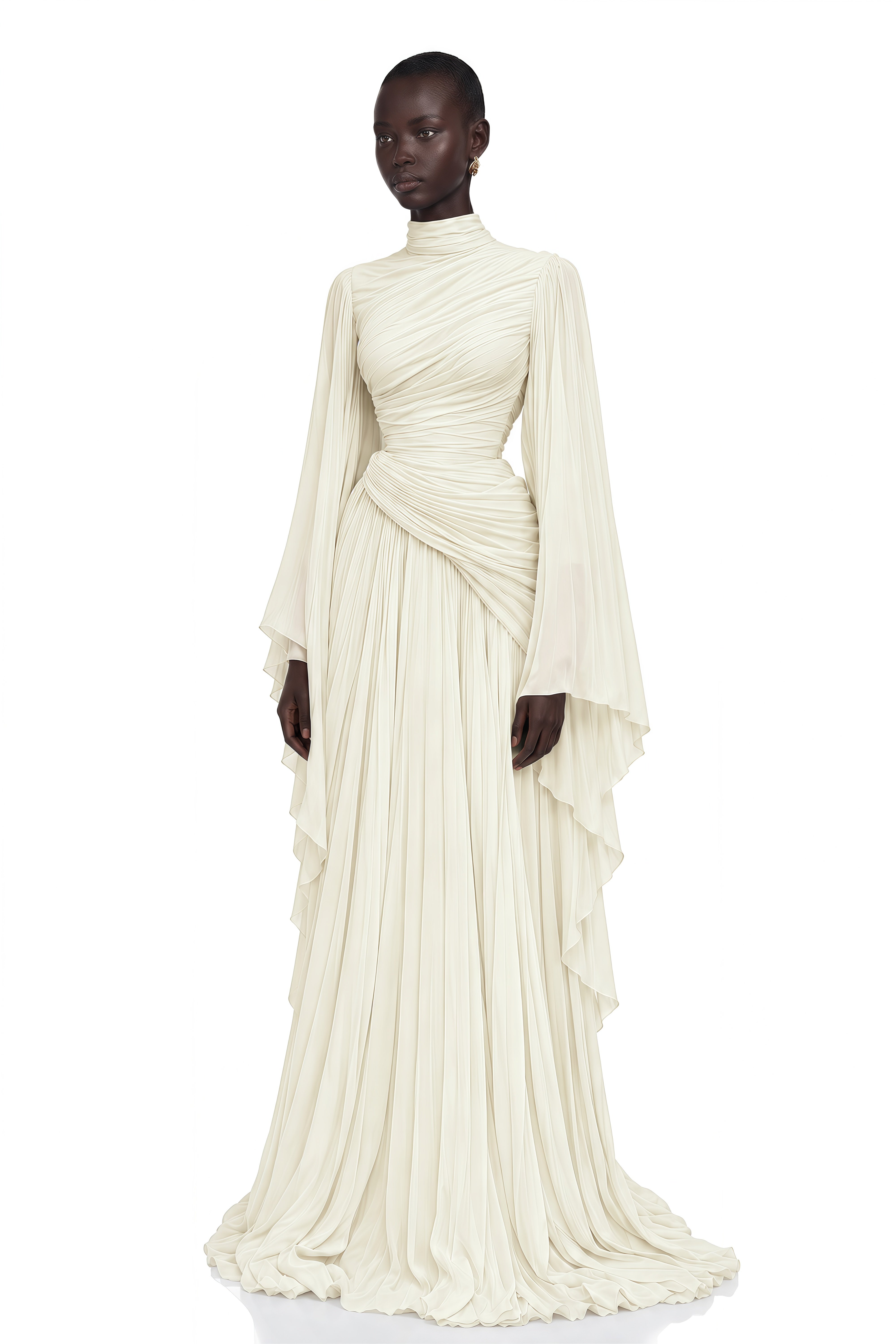 Evelisse Ivory Draped Bell Sleeve Maxi Dress