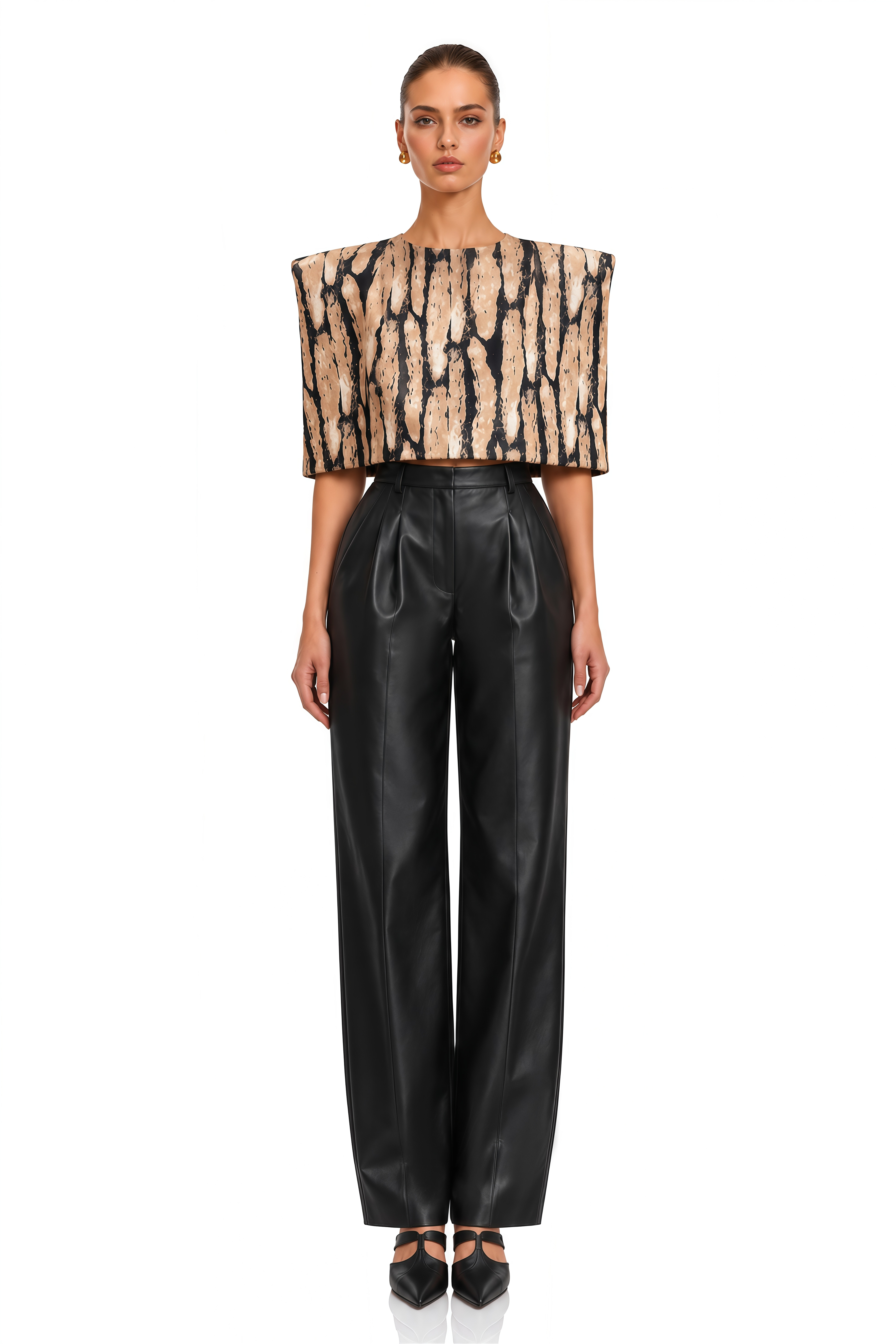 Evelyn Neutral Leopard Print Structured Shoulder Crop Top