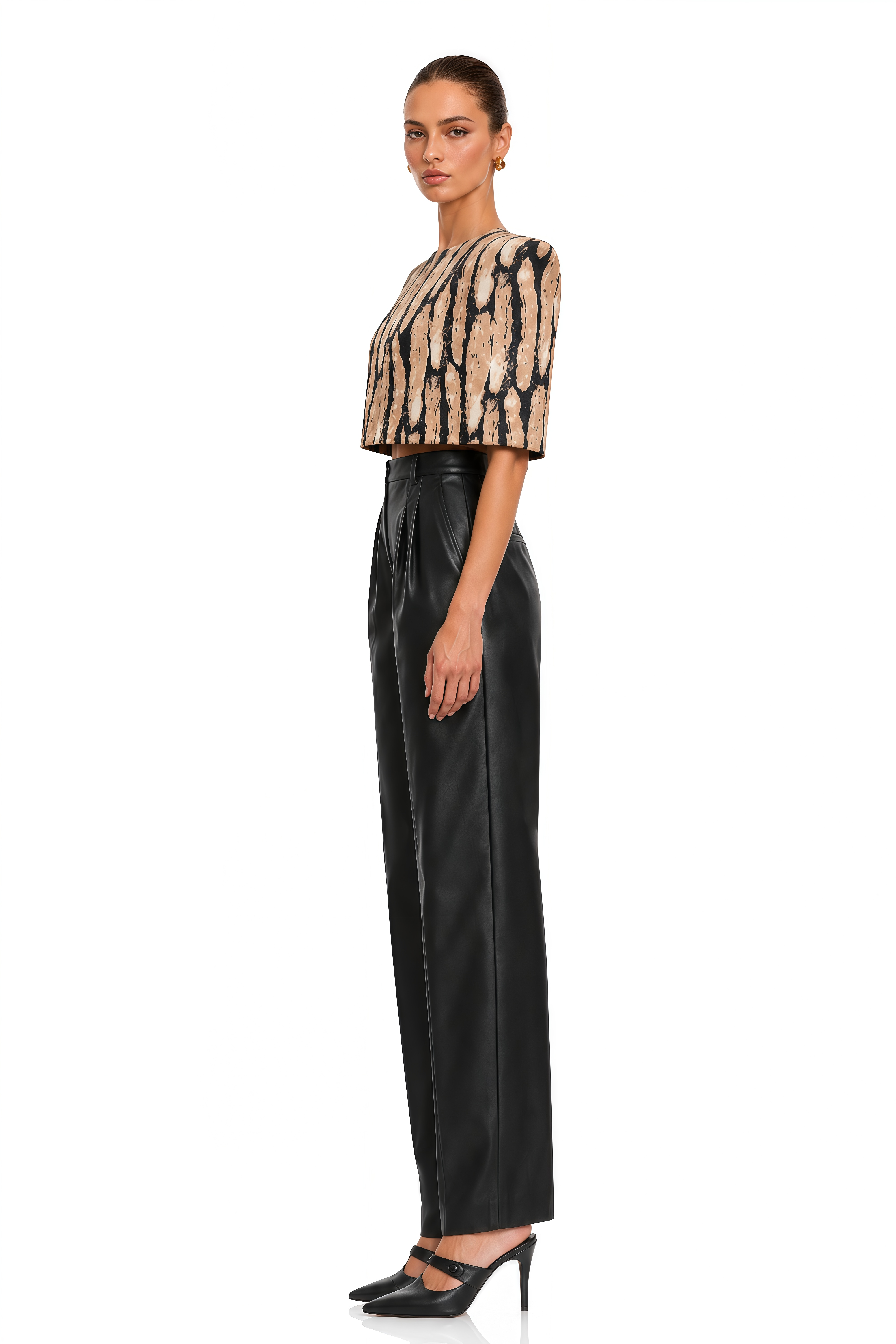 Evelyn Neutral Leopard Print Structured Shoulder Crop Top