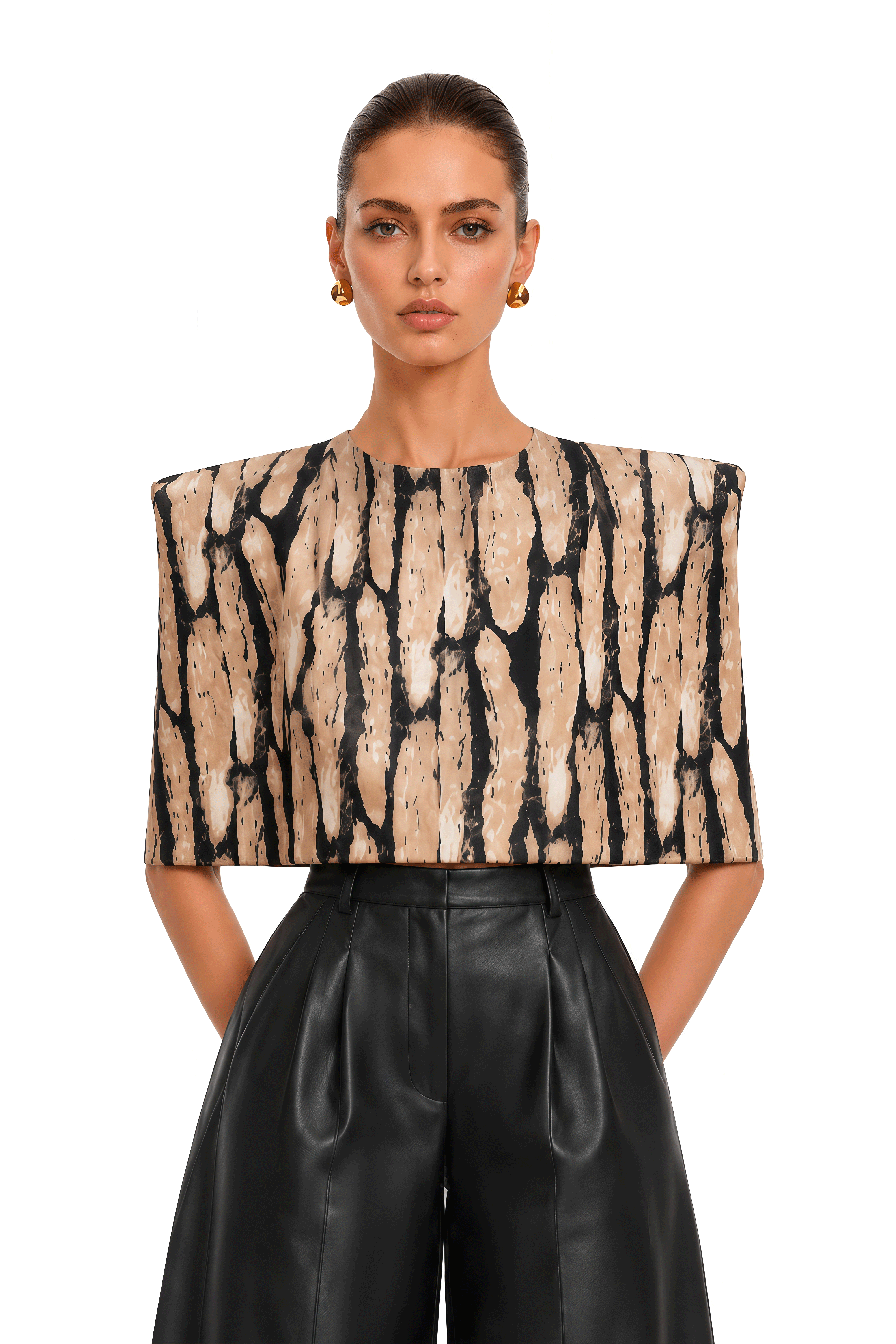 Evelyn Neutral Leopard Print Structured Shoulder Crop Top