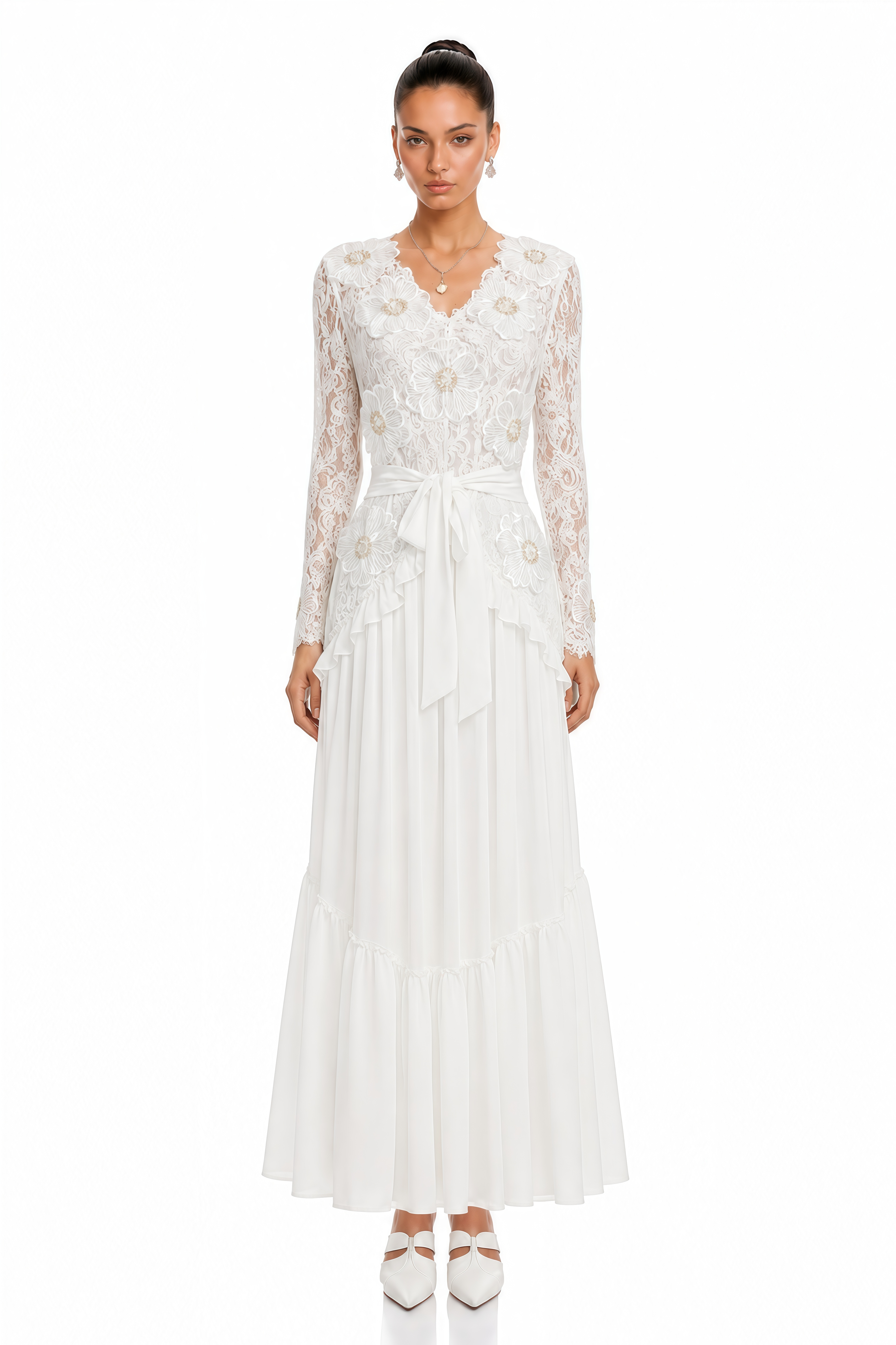 Evelyne White Lace Long Sleeve V-Neck Maxi Dress