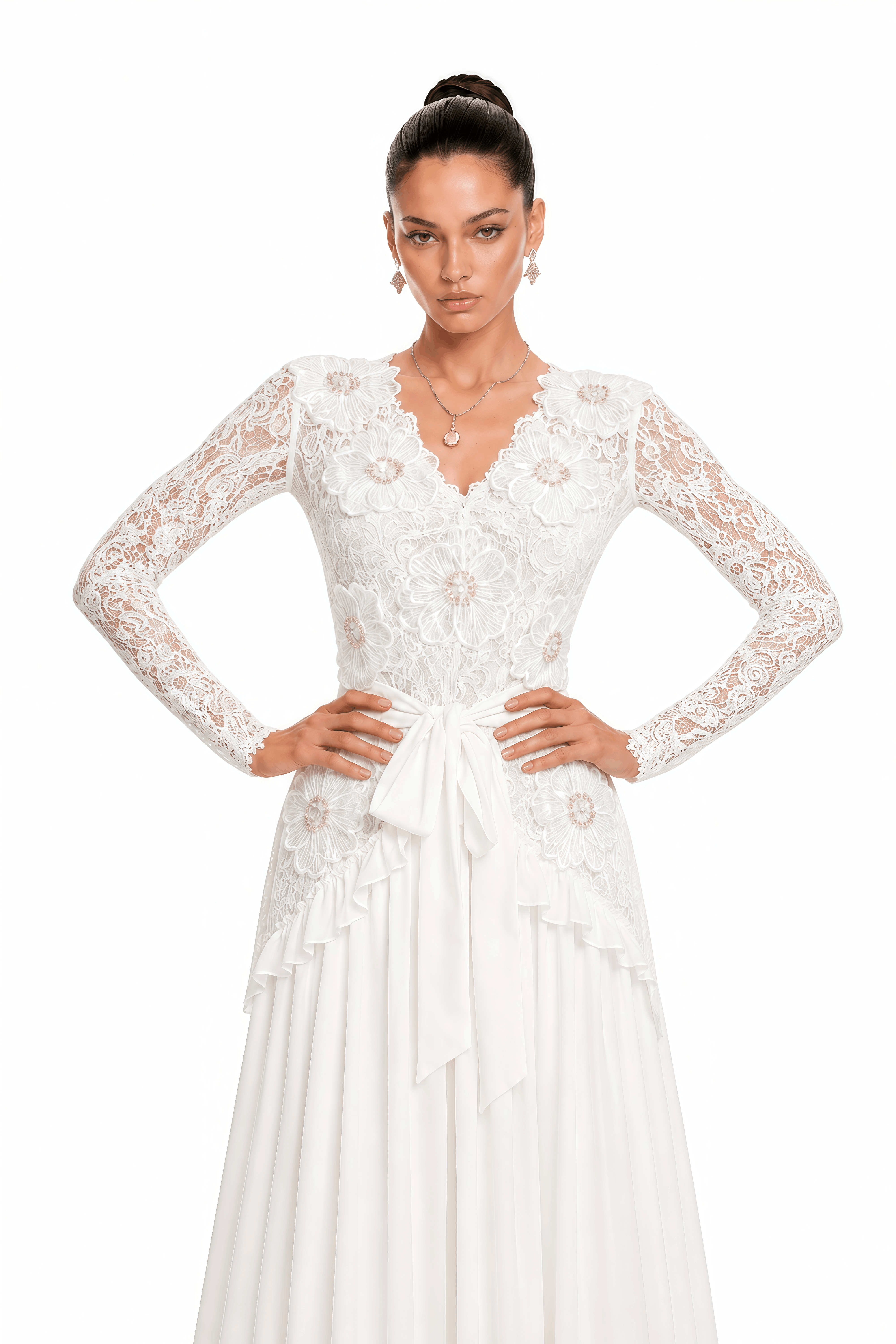 Evelyne White Lace Long Sleeve V-Neck Maxi Dress