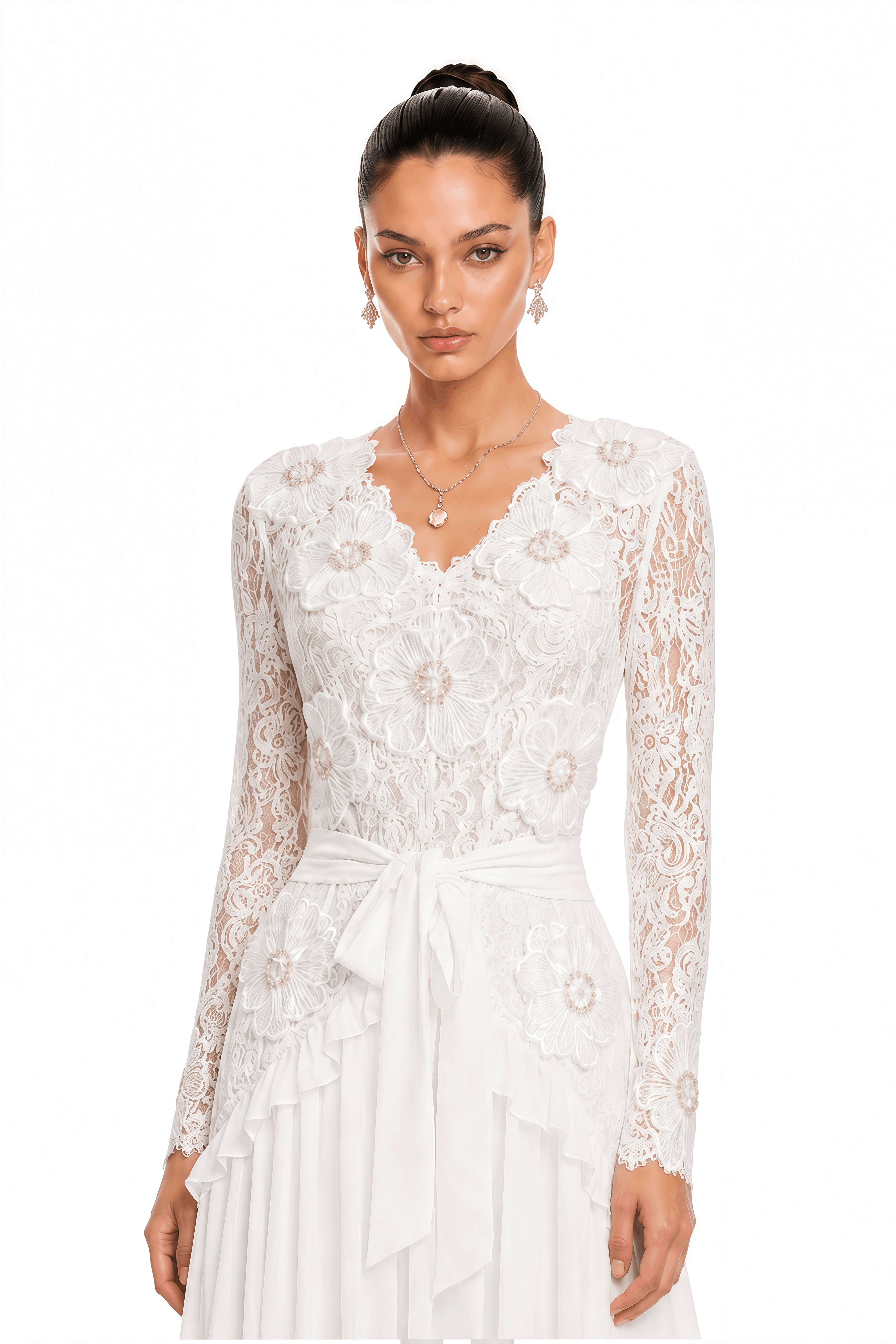 Evelyne White Lace Long Sleeve V-Neck Maxi Dress