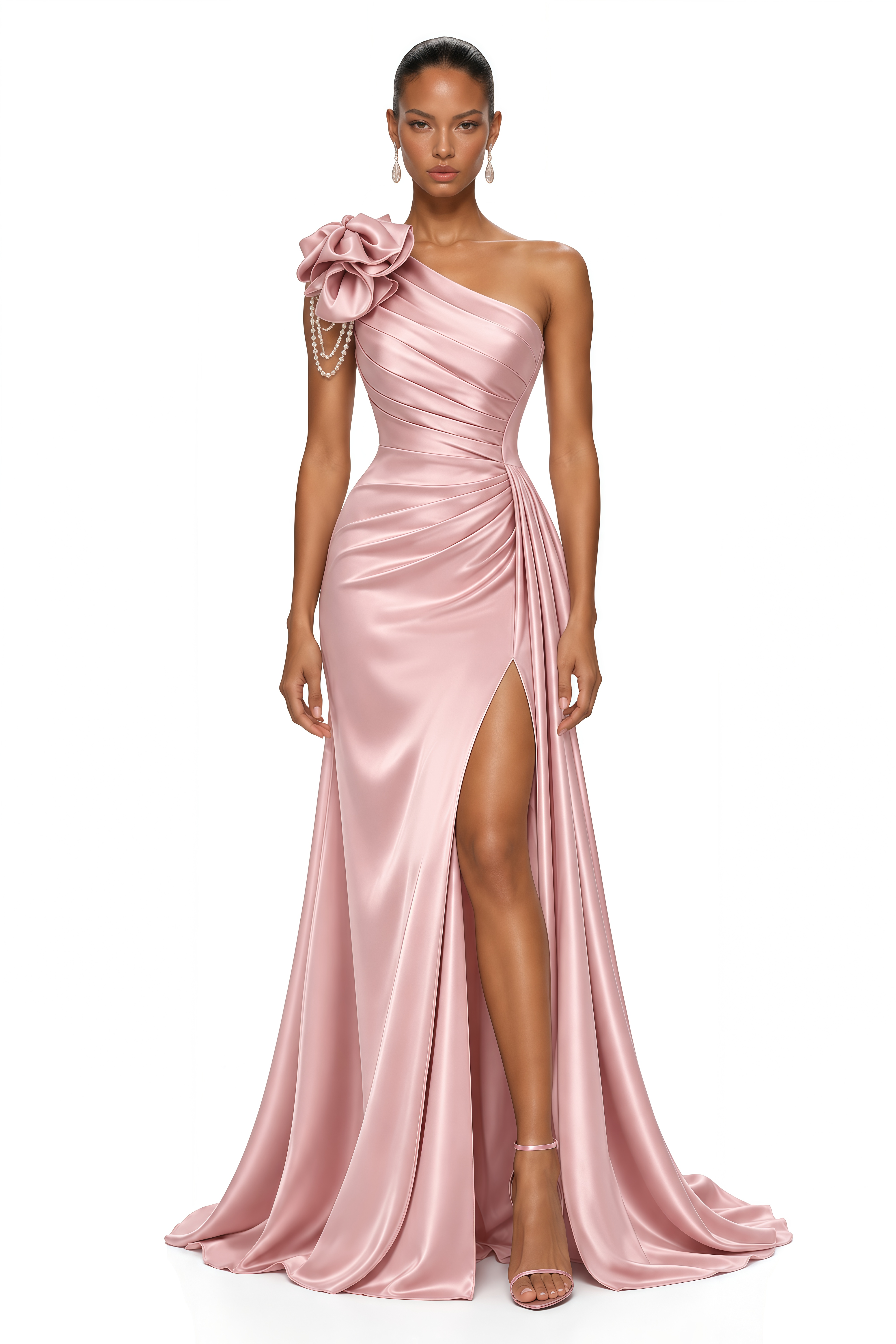 Everly Pink One Shoulder Rosette Maxi Dress