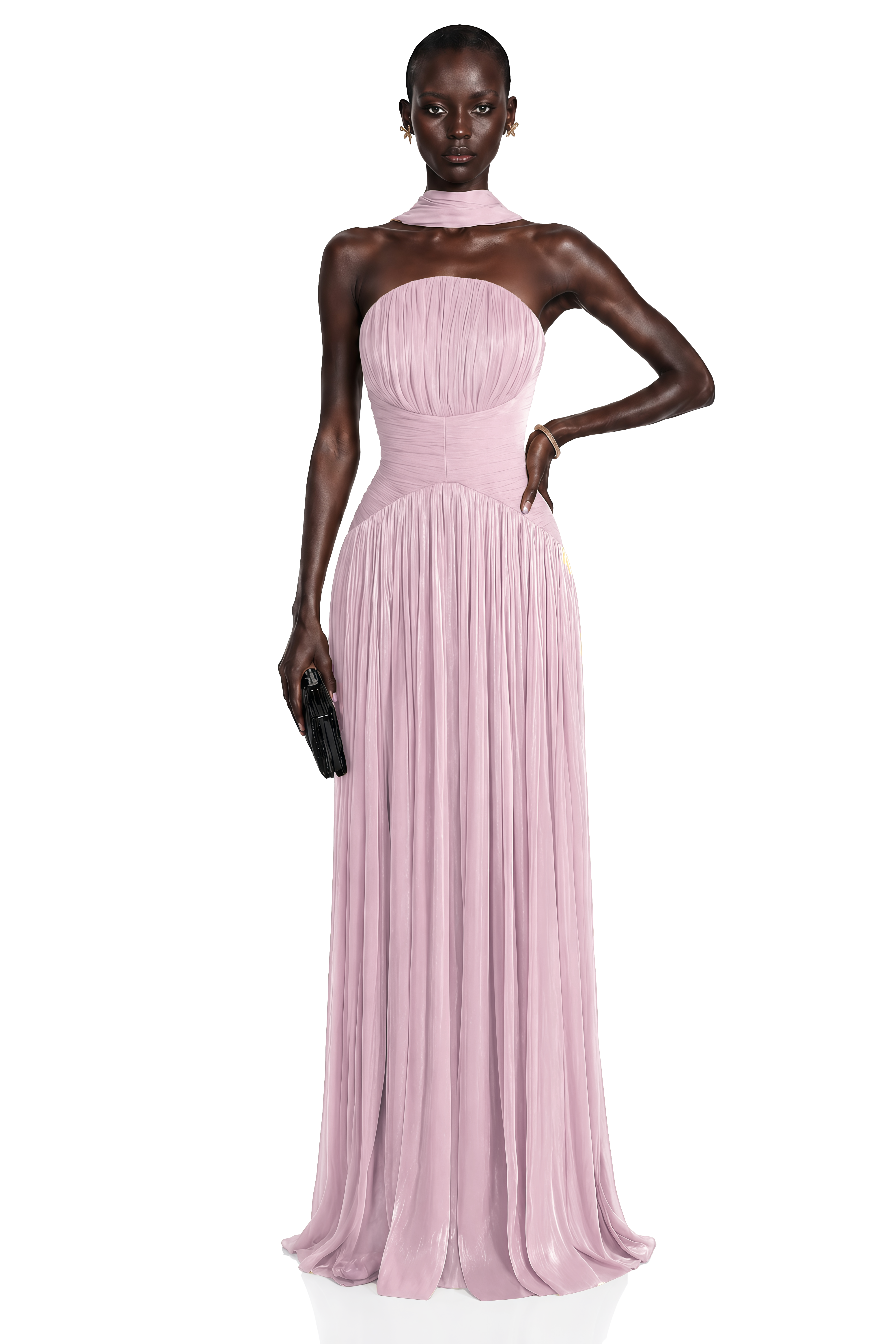 Fadime Pink Cross Front Ruched Maxi Dress with Cape