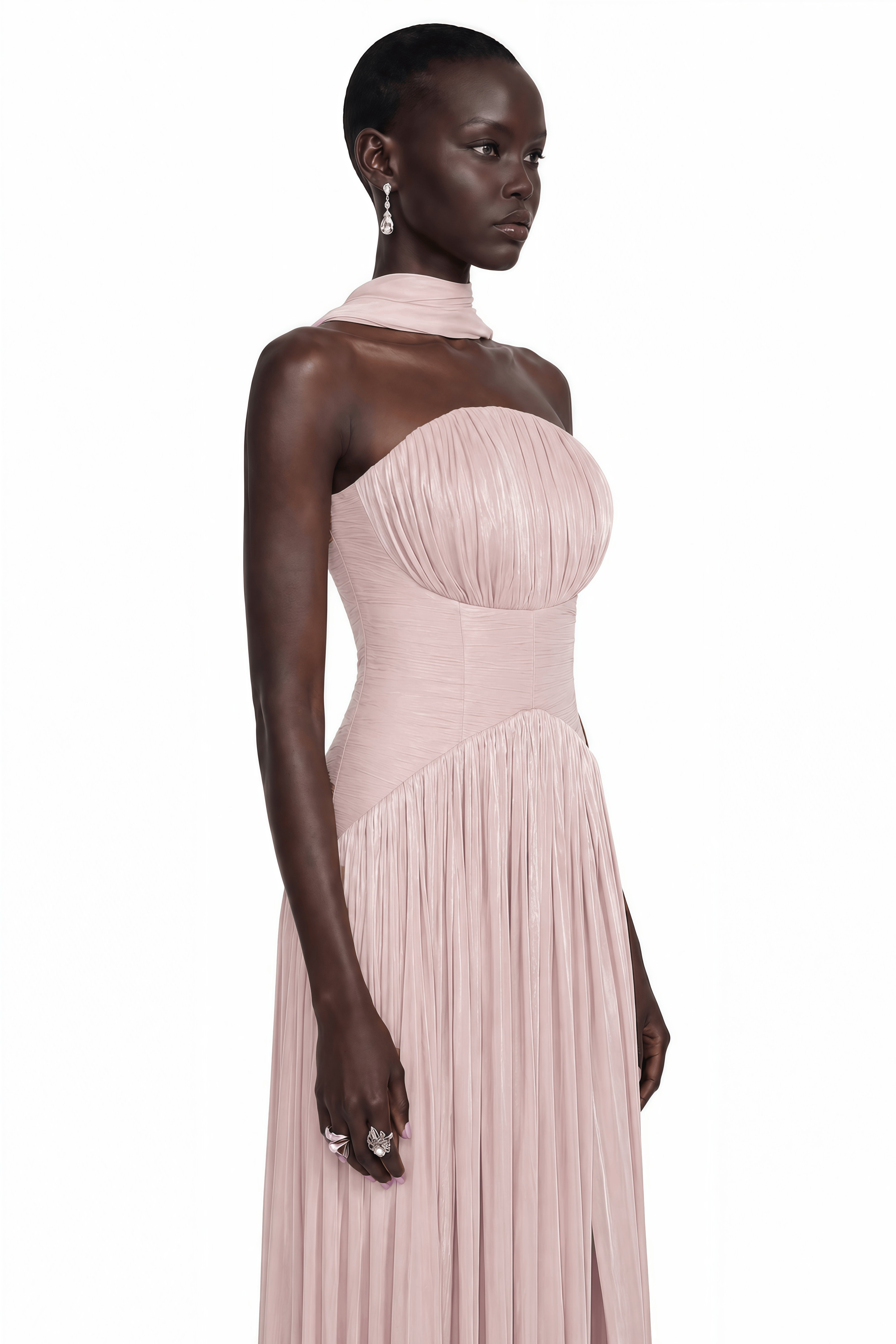 Fadime Pink Cross Front Ruched Maxi Dress with Cape