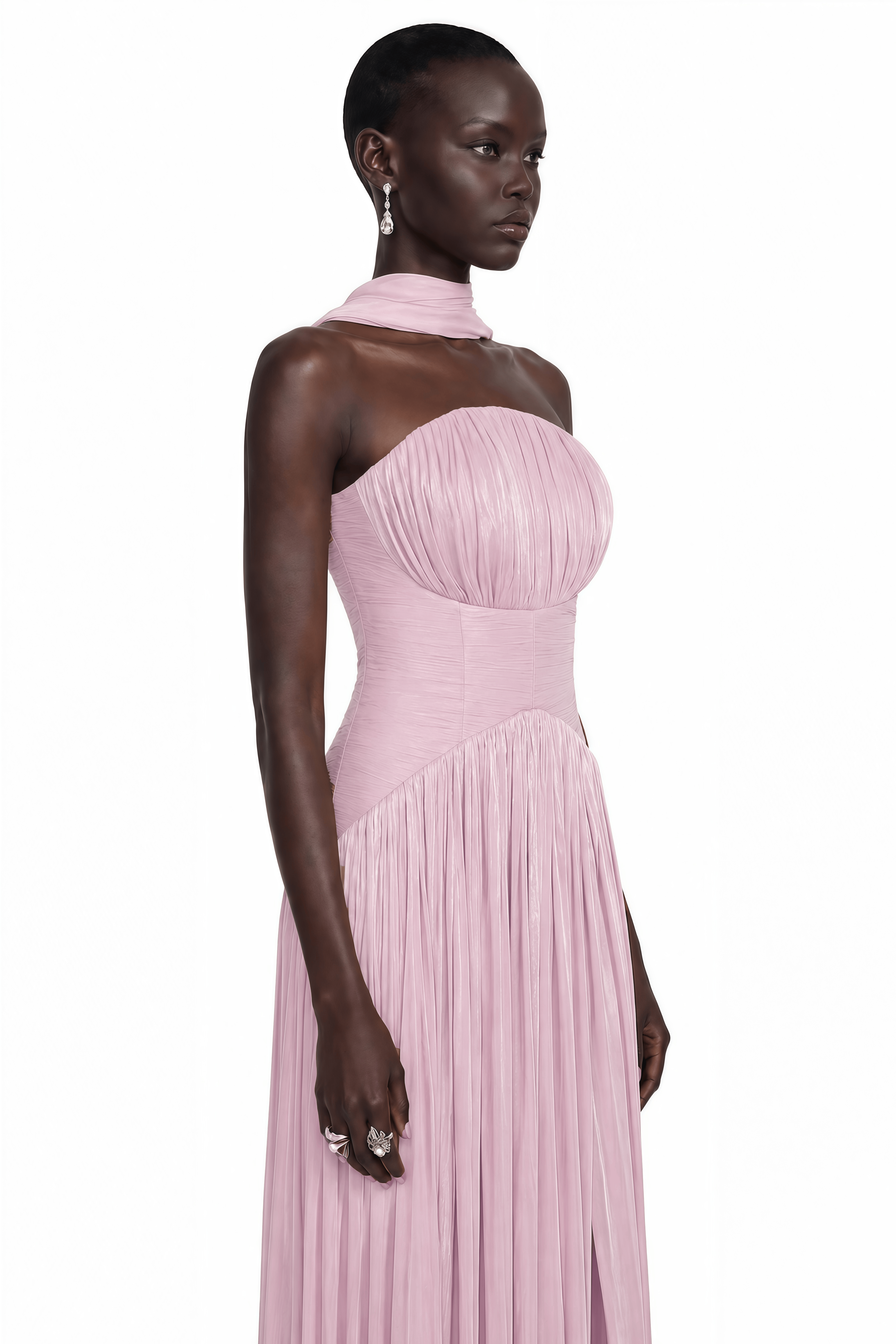 Fadime Pink Cross Front Ruched Maxi Dress with Cape