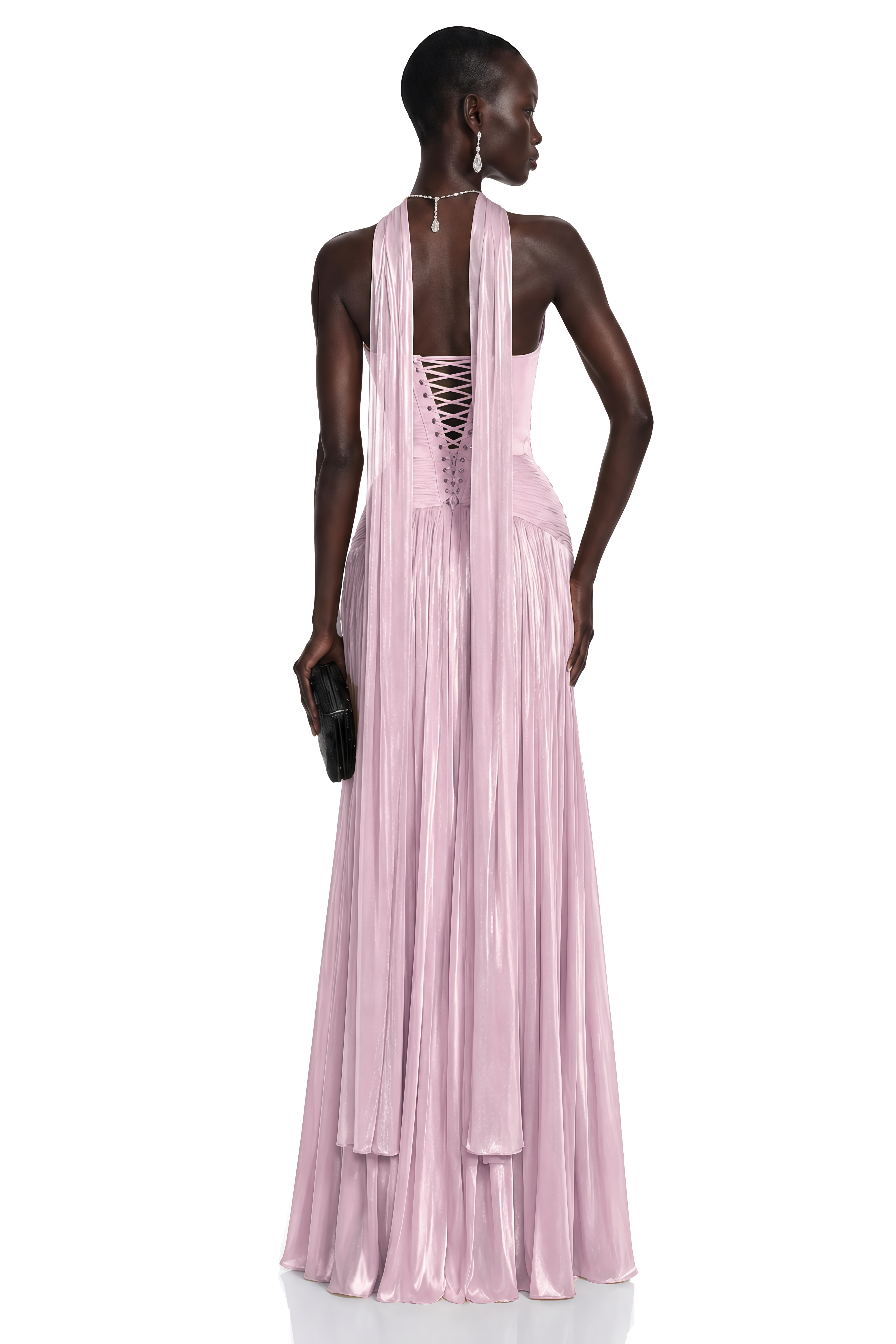 Fadime Pink Cross Front Ruched Maxi Dress with Cape