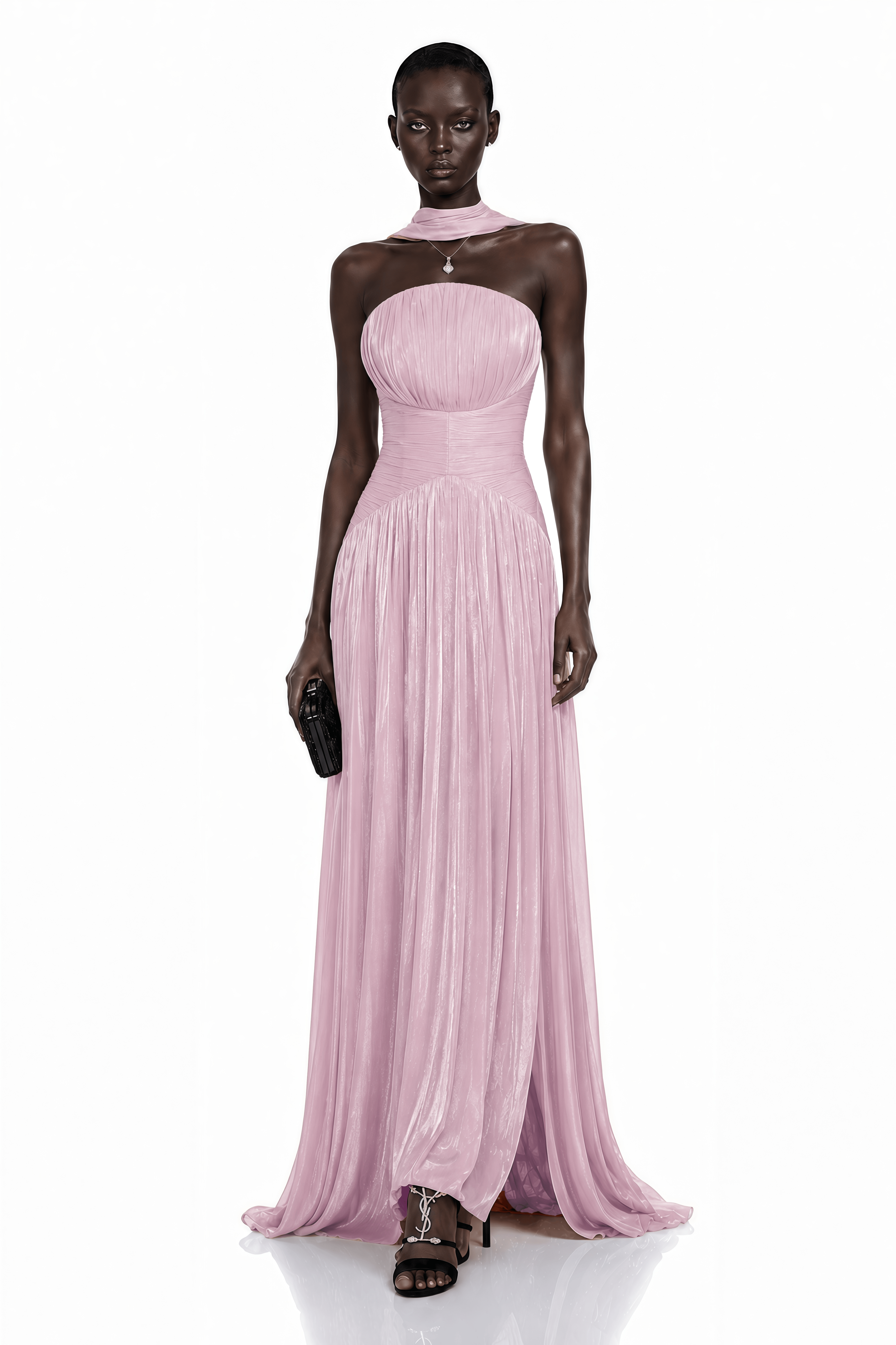 Fadime Pink Cross Front Ruched Maxi Dress with Cape