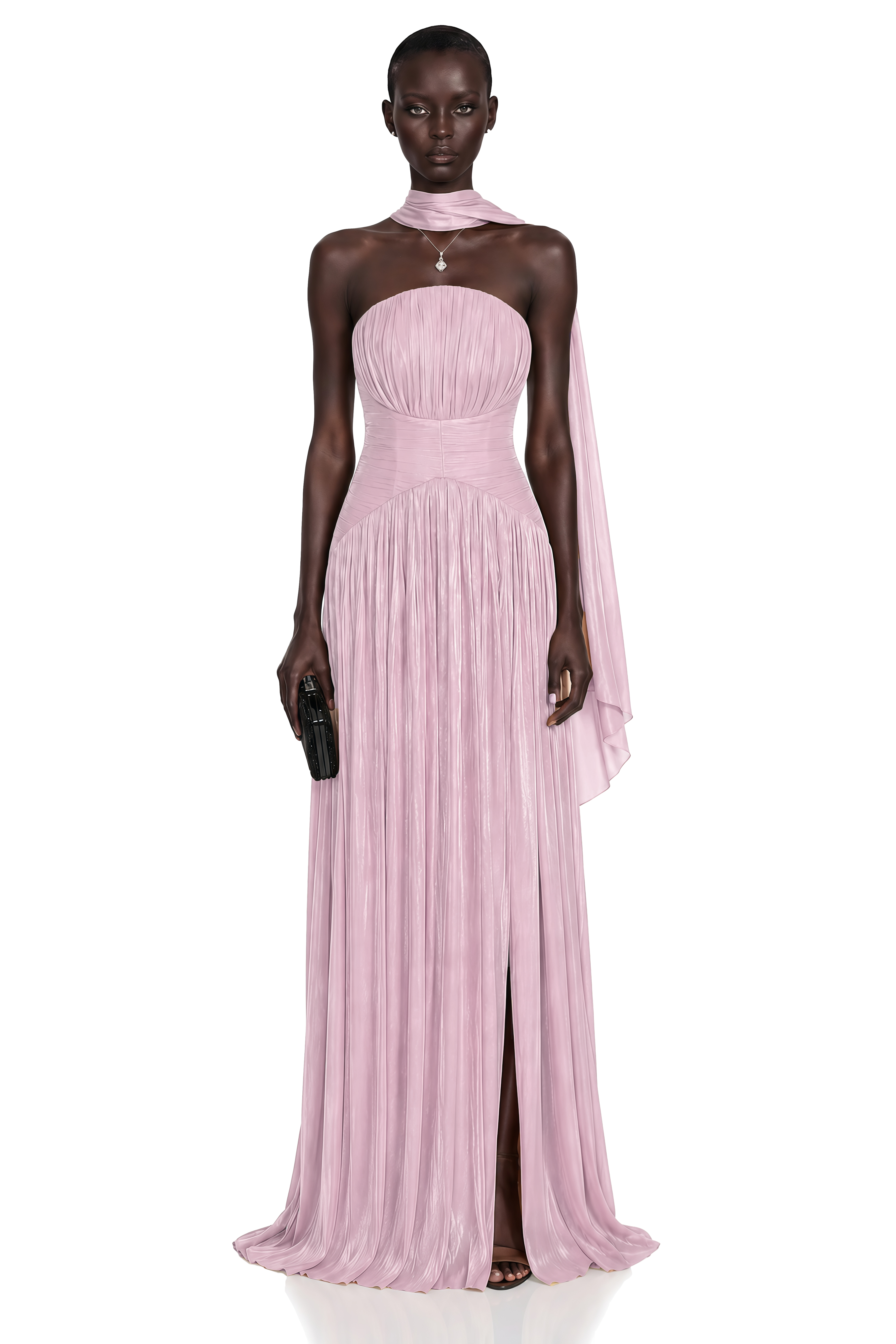 Fadime Pink Cross Front Ruched Maxi Dress with Cape