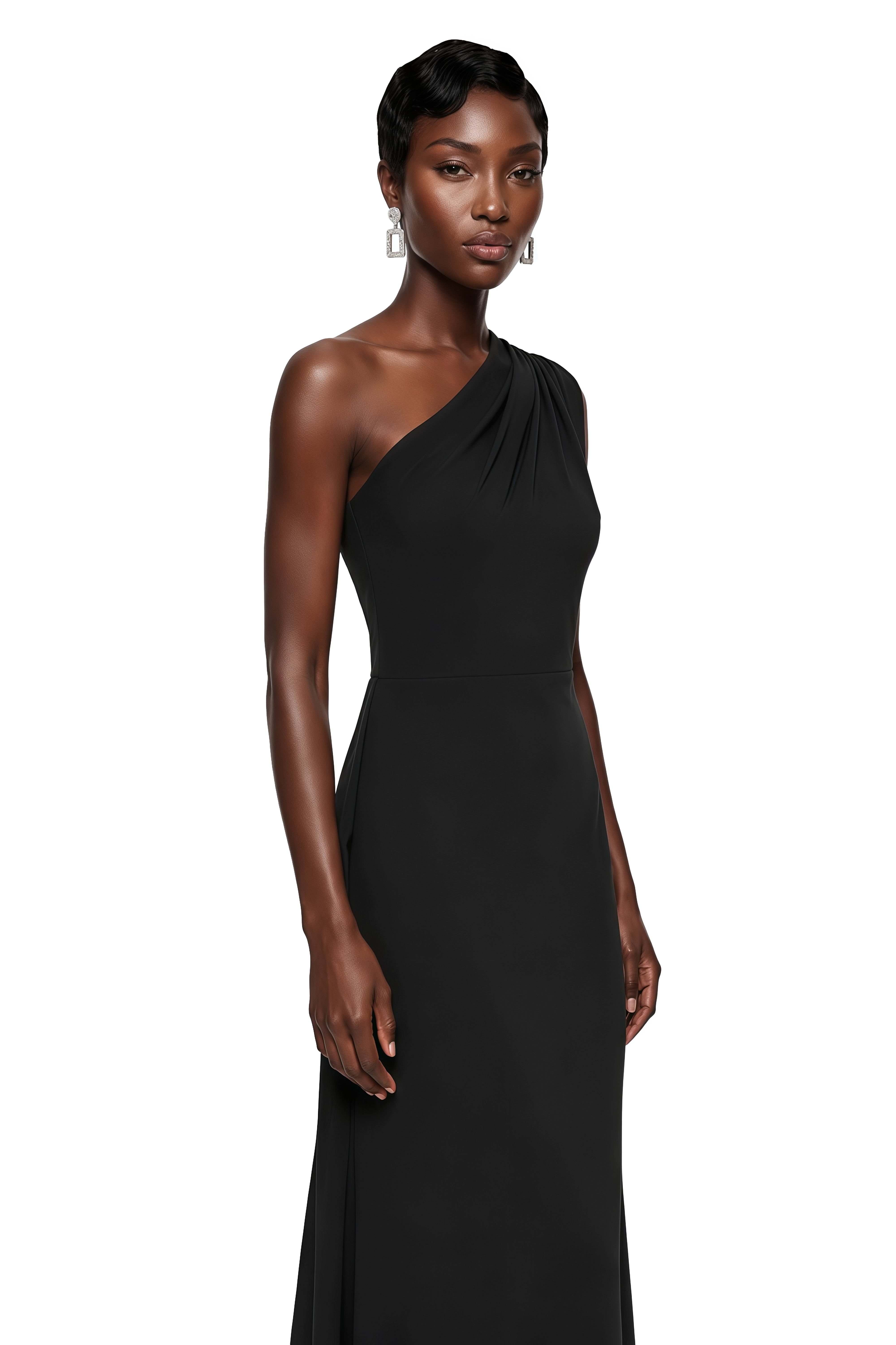 Black sleek one-shoulder mermaid gown with a draped shoulder detail