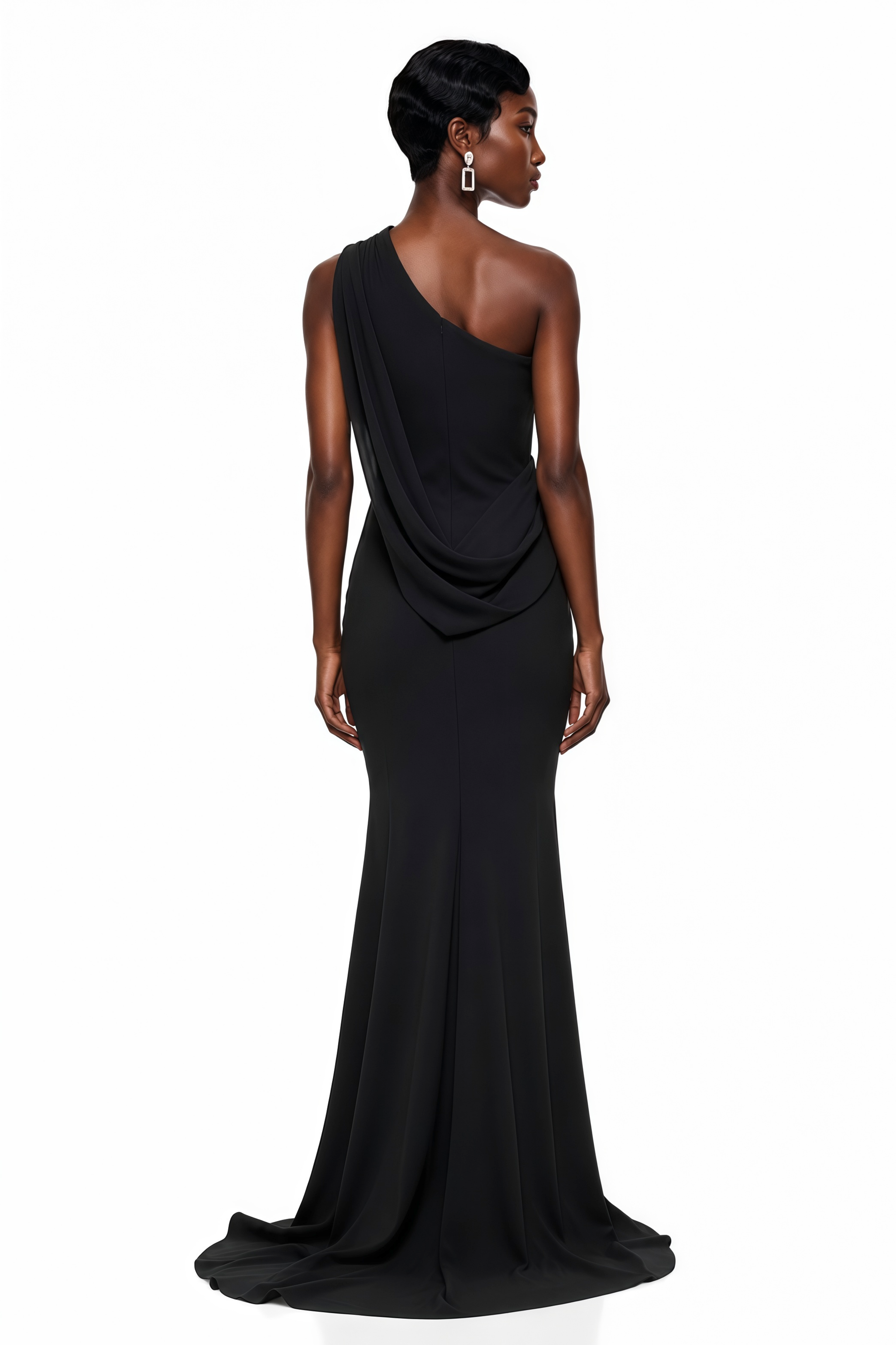 Black sleek one-shoulder mermaid gown with a draped shoulder detail