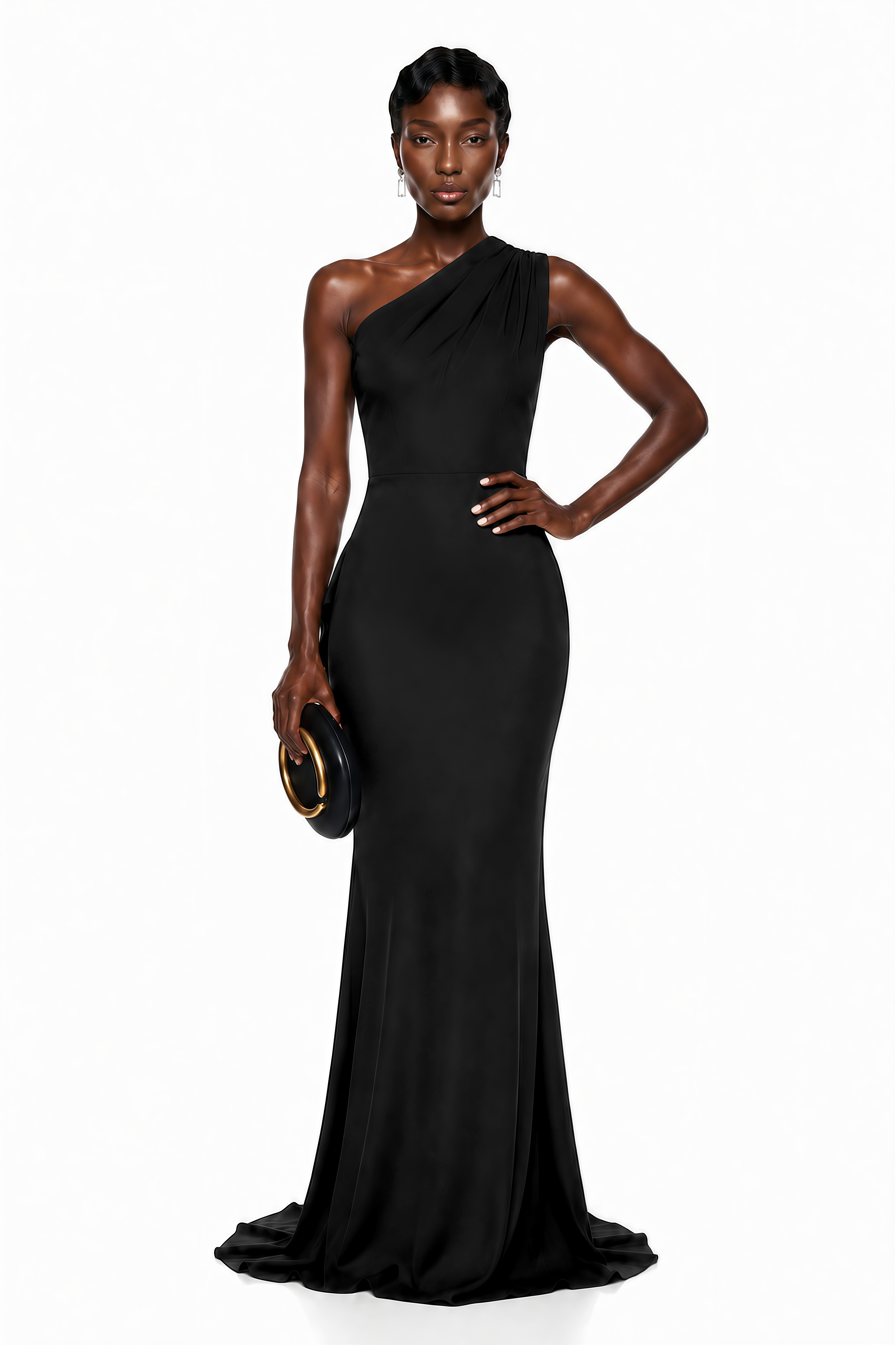 Black sleek one-shoulder mermaid gown with a draped shoulder detail