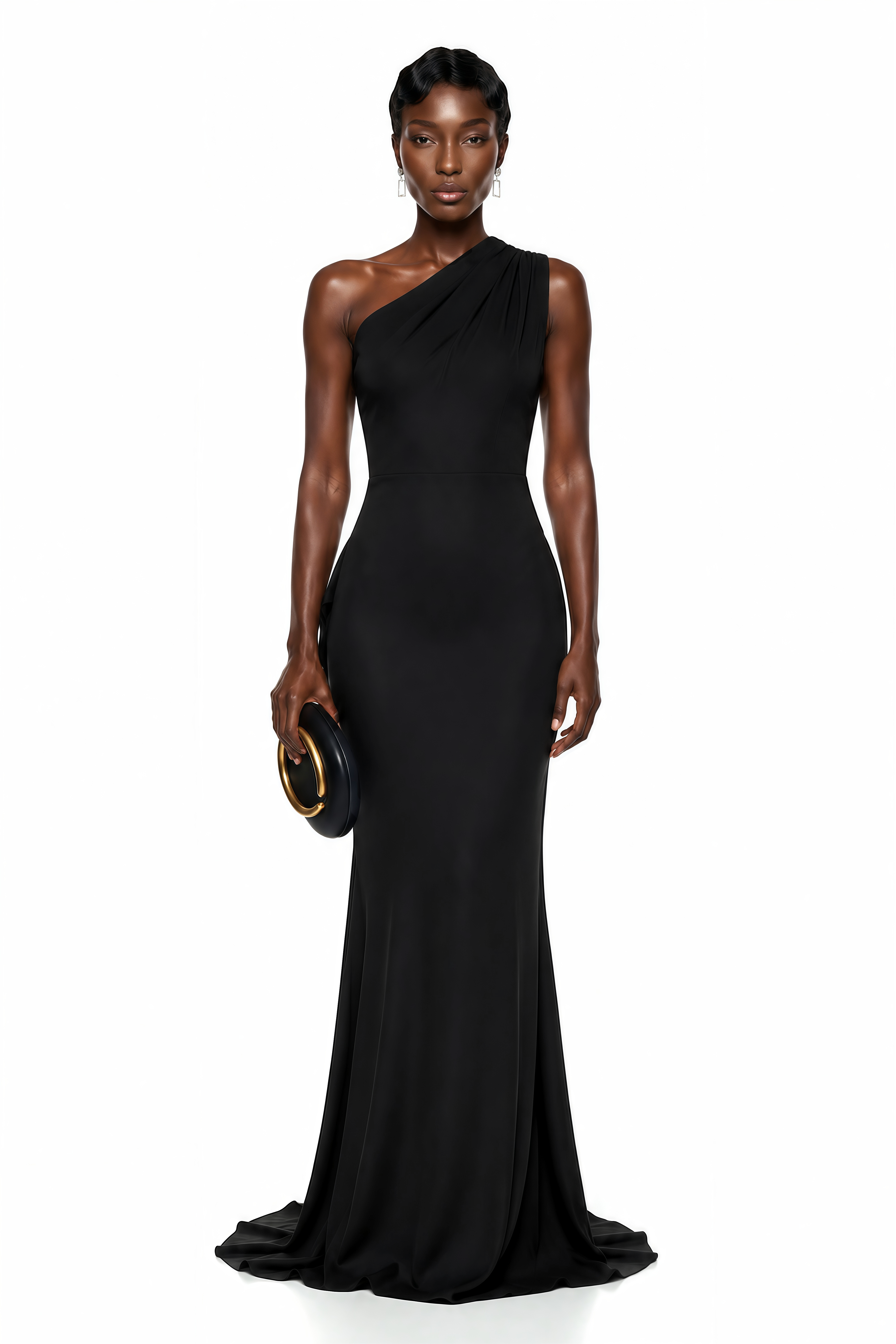 Black sleek one-shoulder mermaid gown with a draped shoulder detail