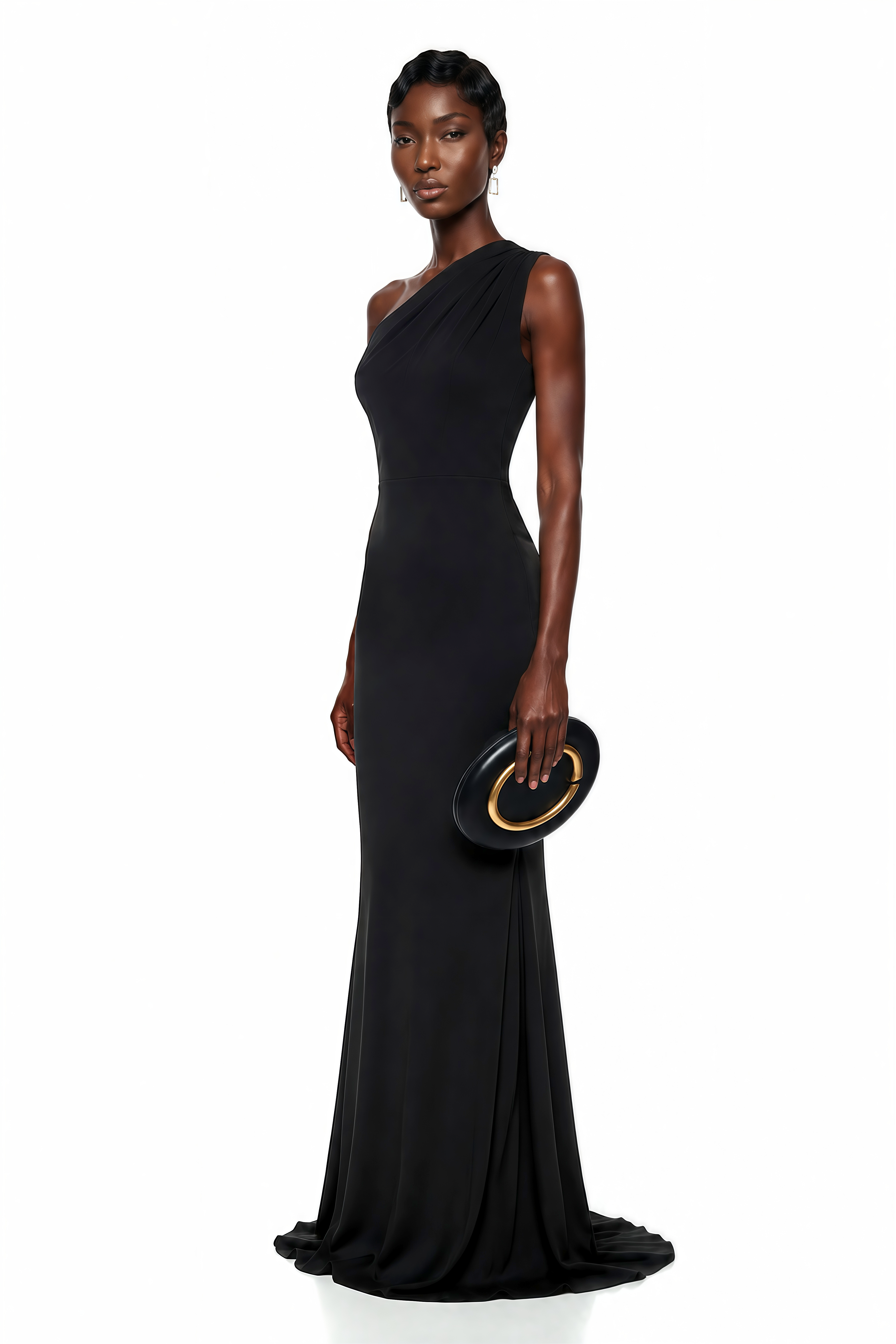 Black sleek one-shoulder mermaid gown with a draped shoulder detail