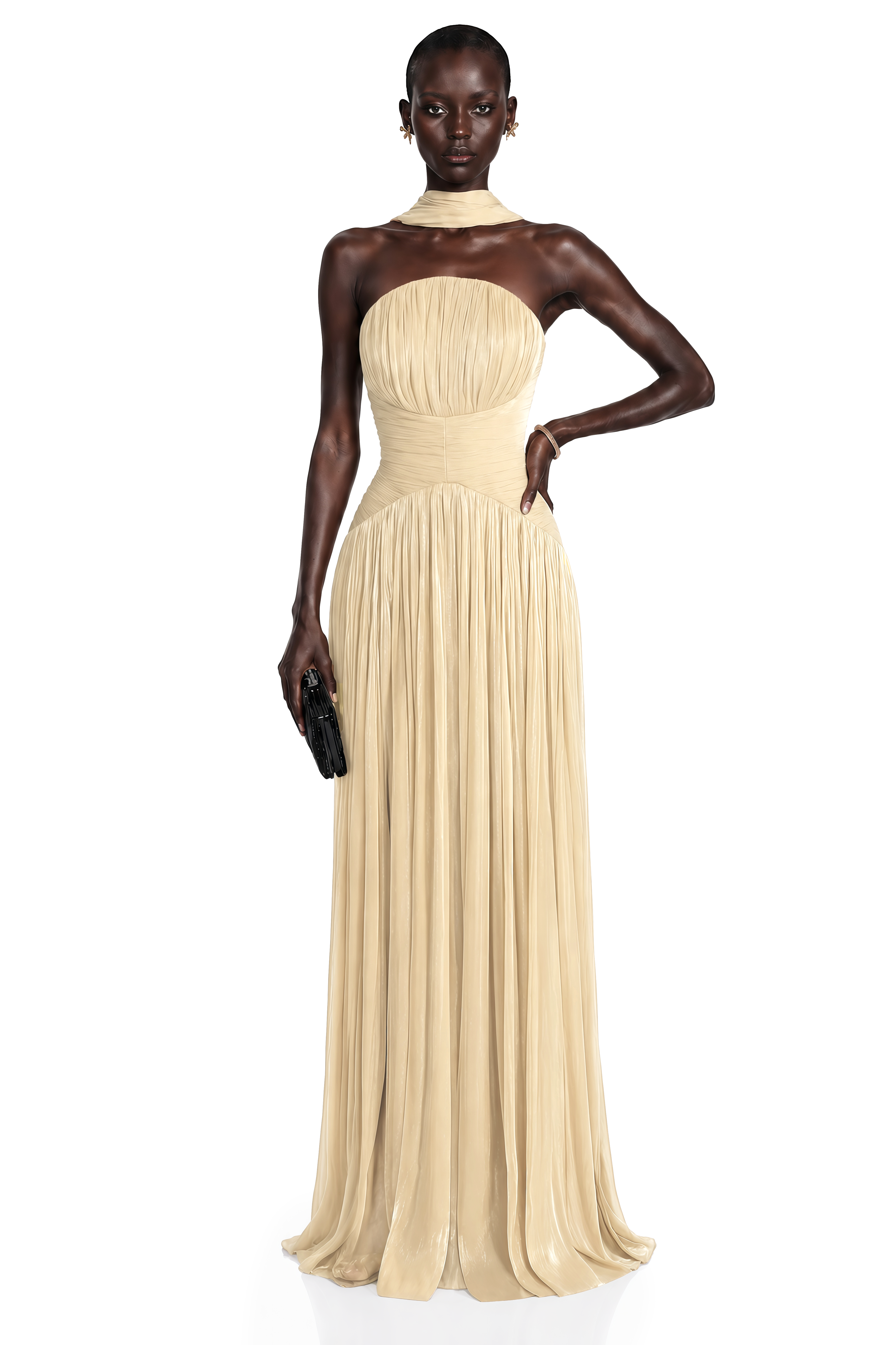 Champagne strapless pleated maxi dress with a high leg slit