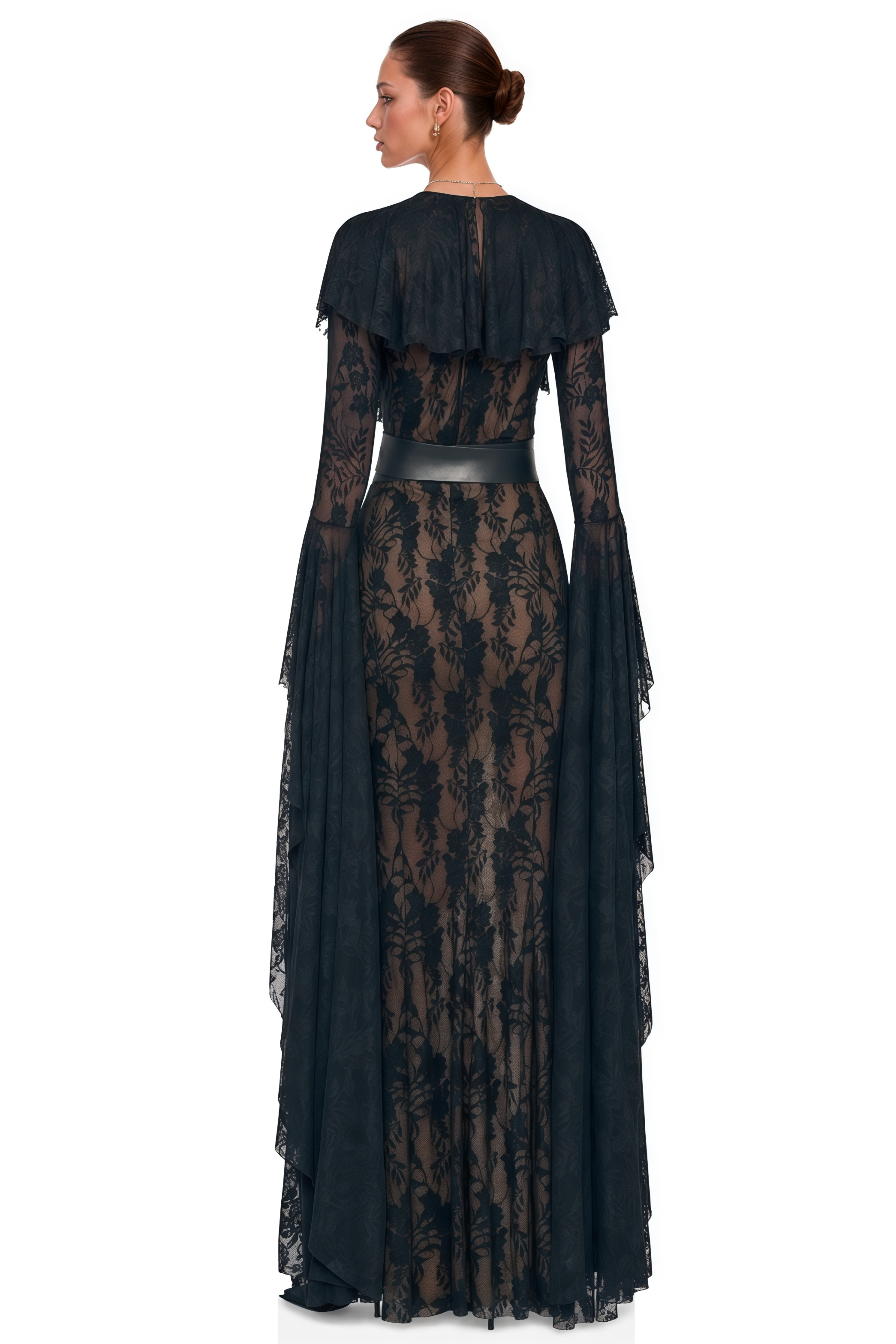 Faelyth Black Plunging Neck Lace Ruffle Maxi Dress