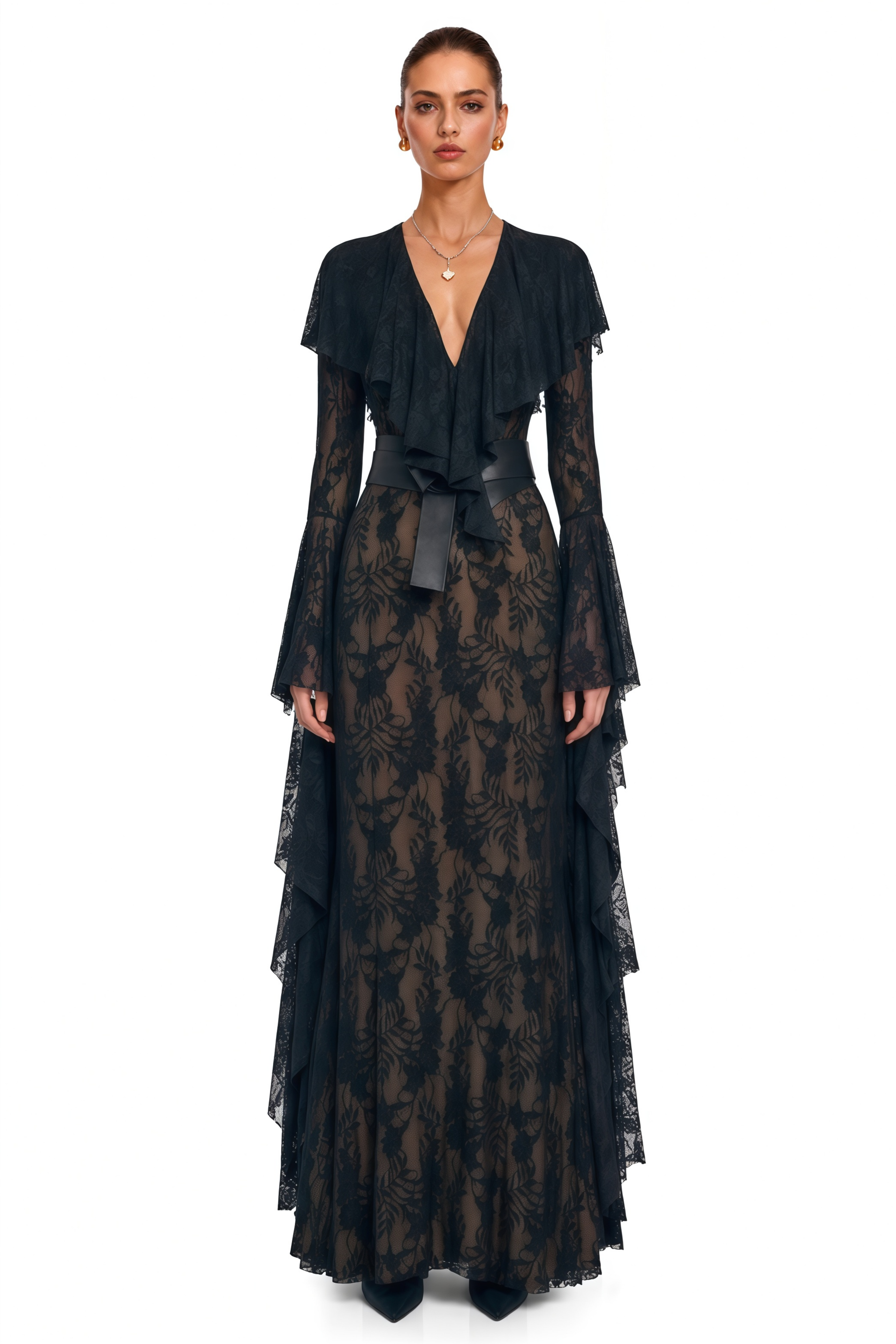 Faelyth Black Plunging Neck Lace Ruffle Maxi Dress