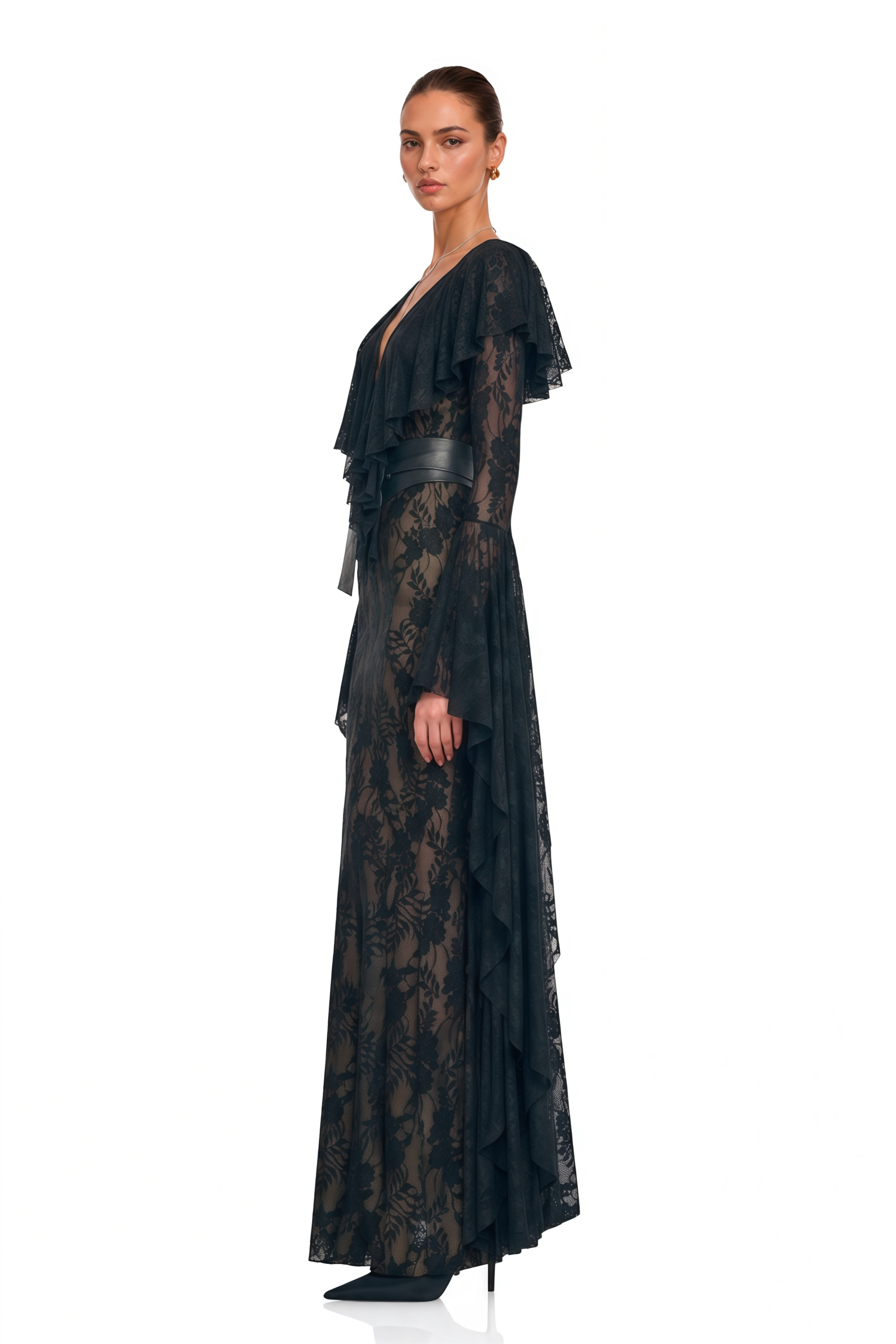 Faelyth Black Plunging Neck Lace Ruffle Maxi Dress