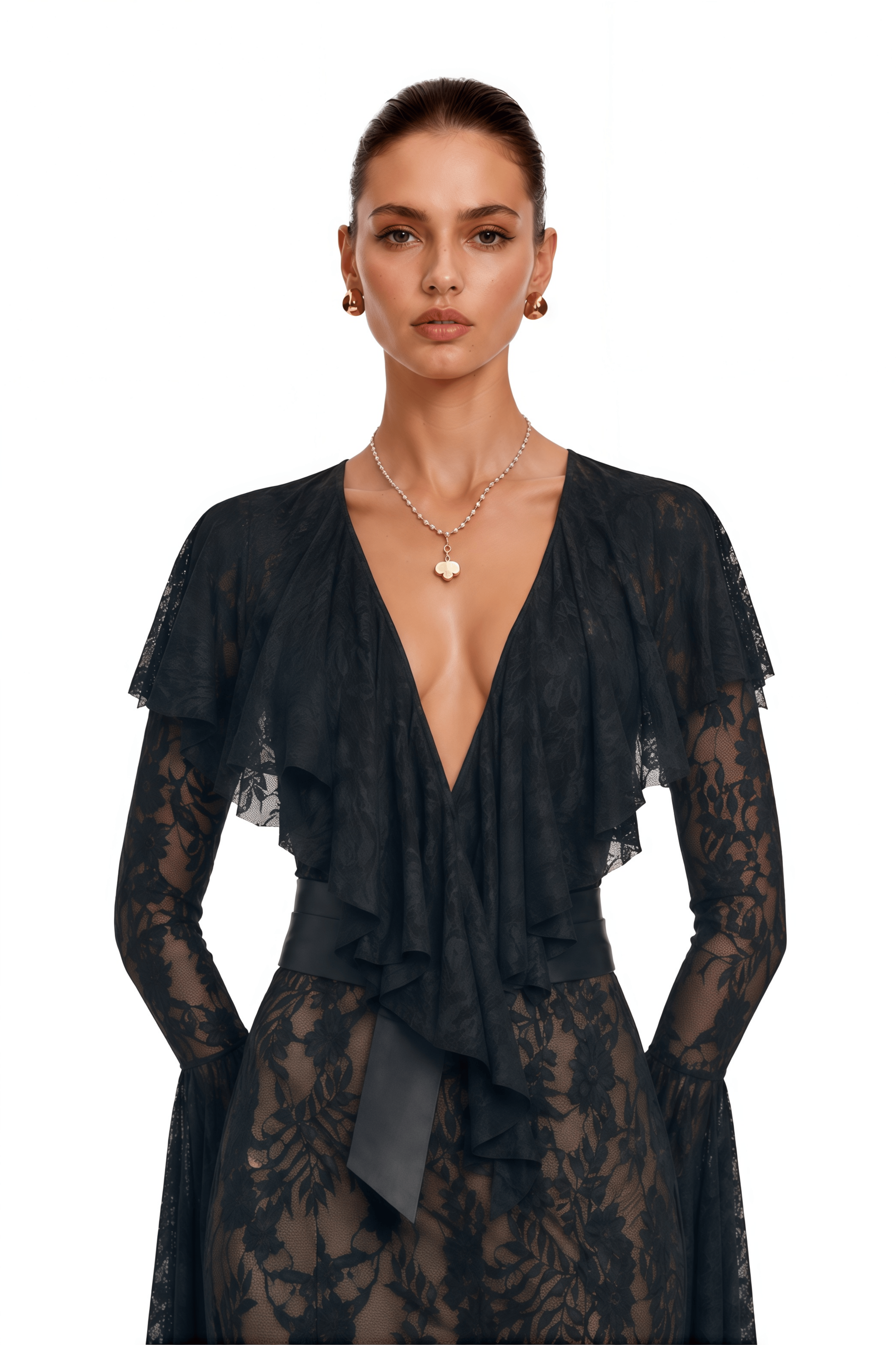 Faelyth Black Plunging Neck Lace Ruffle Maxi Dress